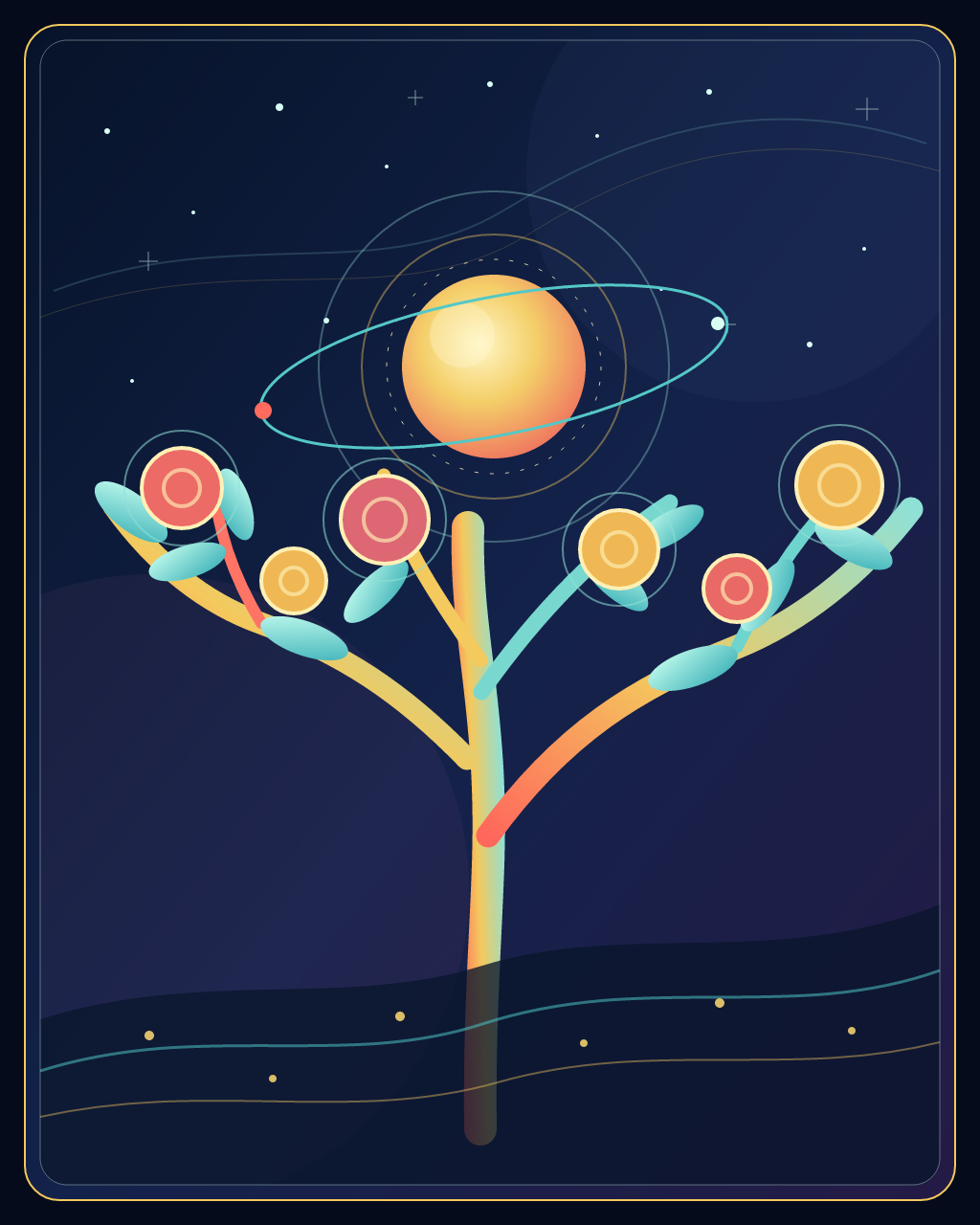 The Orchard Remembers the Stars, version 1: Initial composition: celestial fruit, orbital geometry, and a luminous branching structure