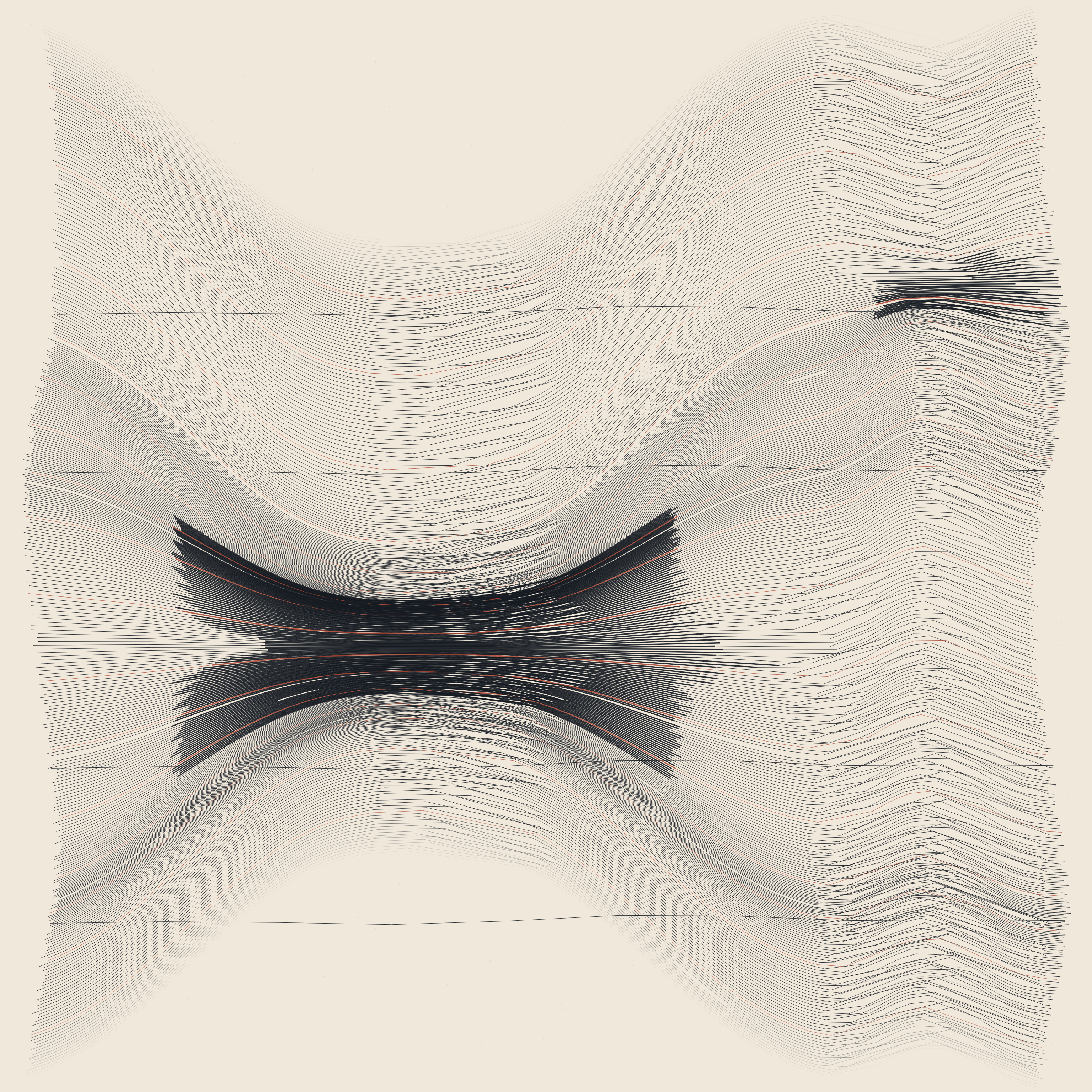 Where the Lines Agree, version 5: v5: cut from three masses to one dominant event plus one small remote disturbance, so the field has hierarchy instead of a single swoosh; five-strike over-printing takes the lens to true black