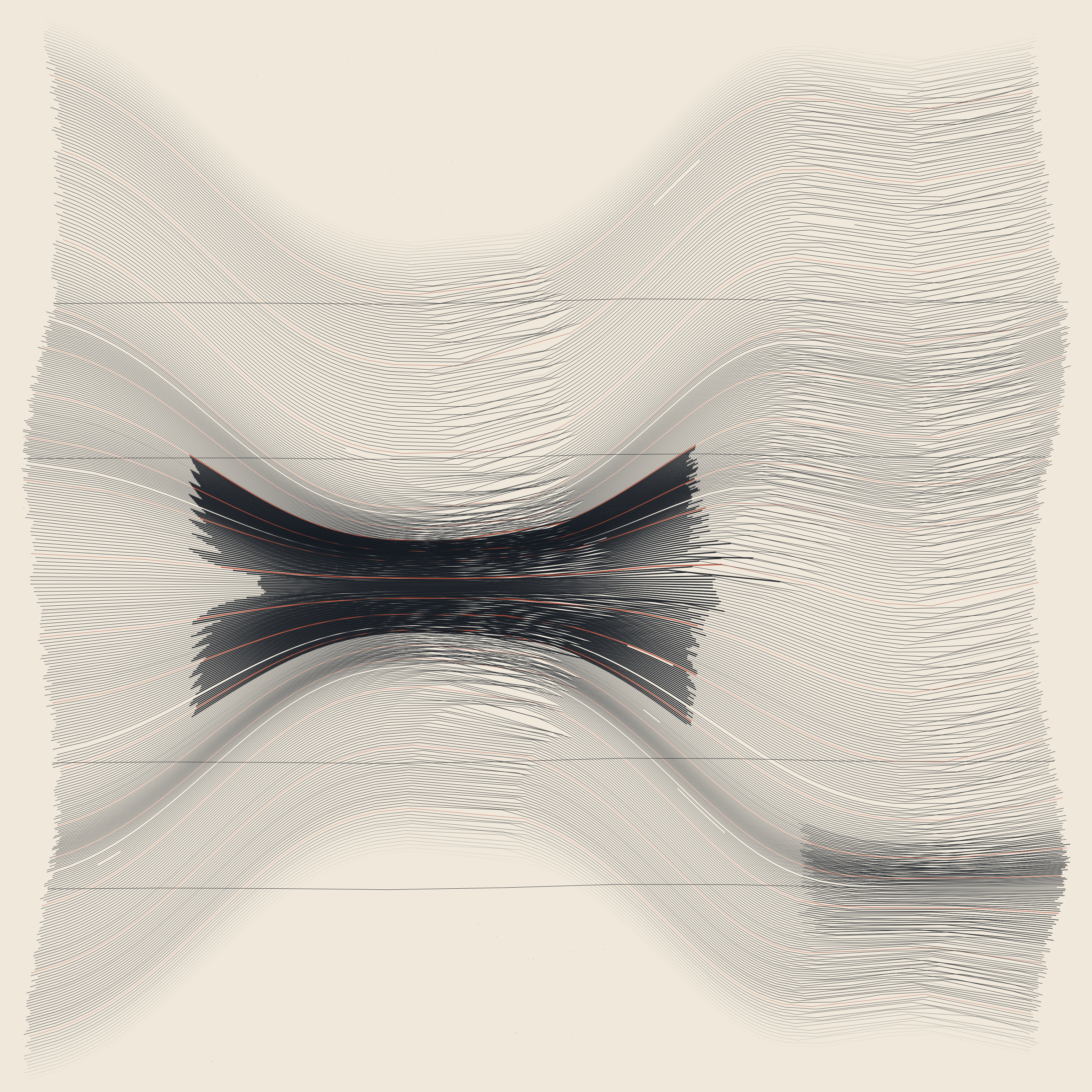 Where the Lines Agree, version 6: v6: the narrow second mass was chopping the field into what read as damage; replaced with a broad soft swell and the ground calmed so the upper right stays true ruling as a baseline