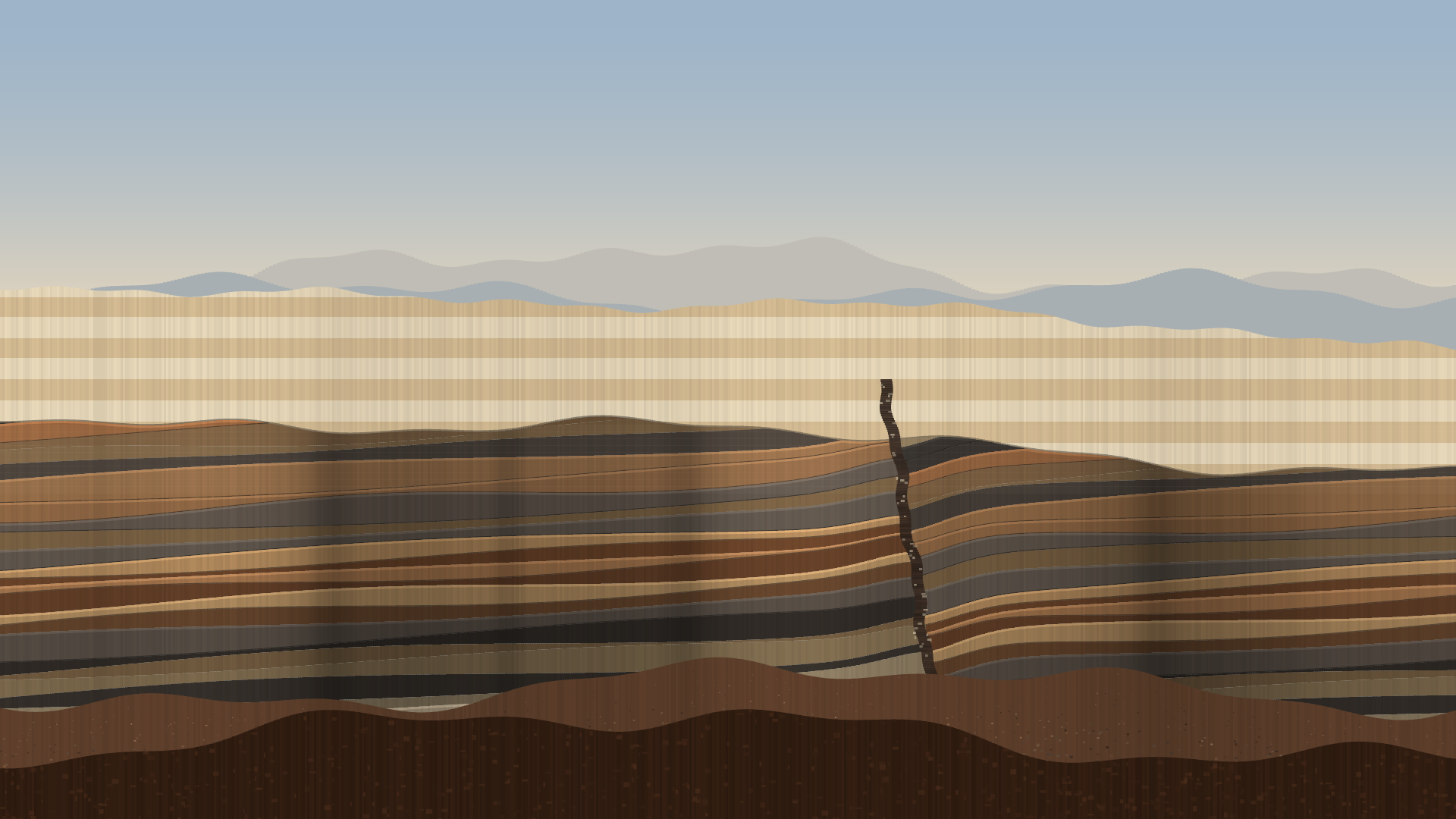 Unconformity, version 3: v3: capping beds made truly horizontal so they truncate the tilted ones — the actual unconformity signature; cliff descends rightward opening sky; command cost cut so talus and foreground render