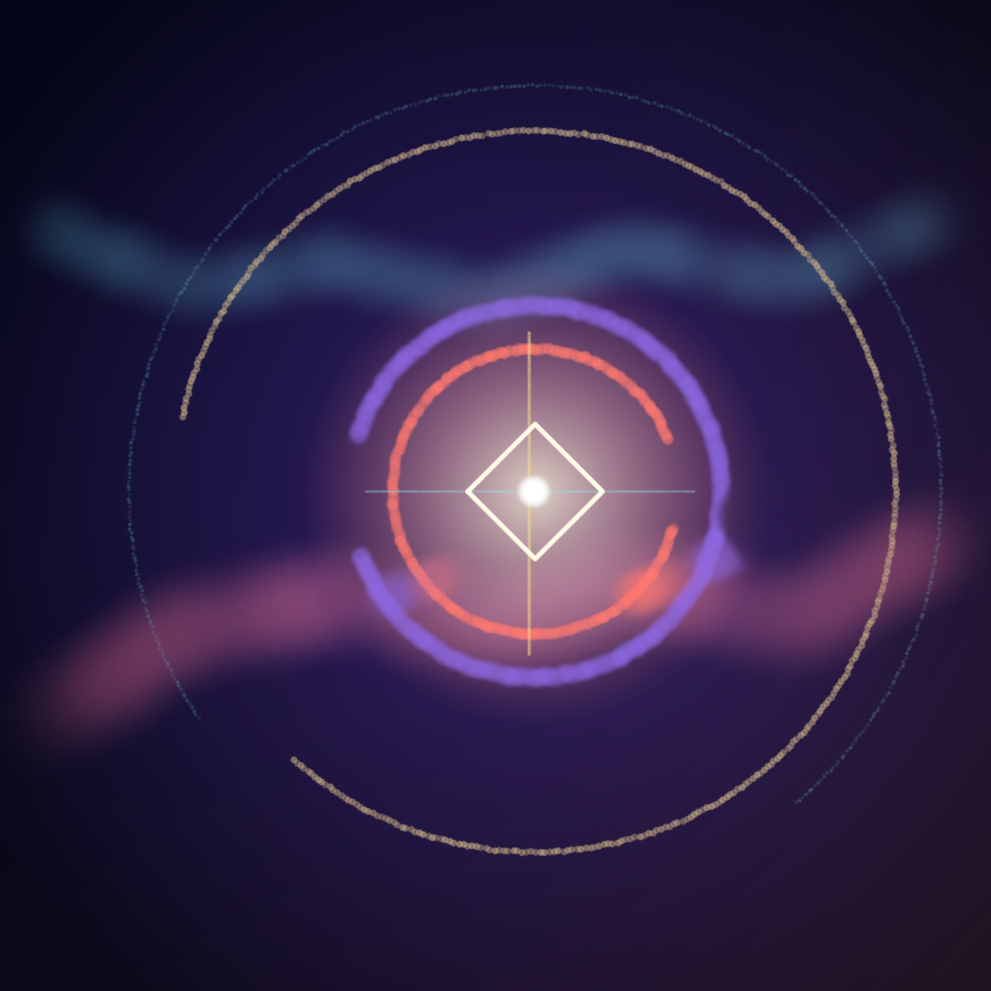 Aperture / Afterimage, version 1: Established a nocturnal painted field with a radiant off-center aperture, incomplete rings, orbital traces, and a deliberately abraded right boundary.