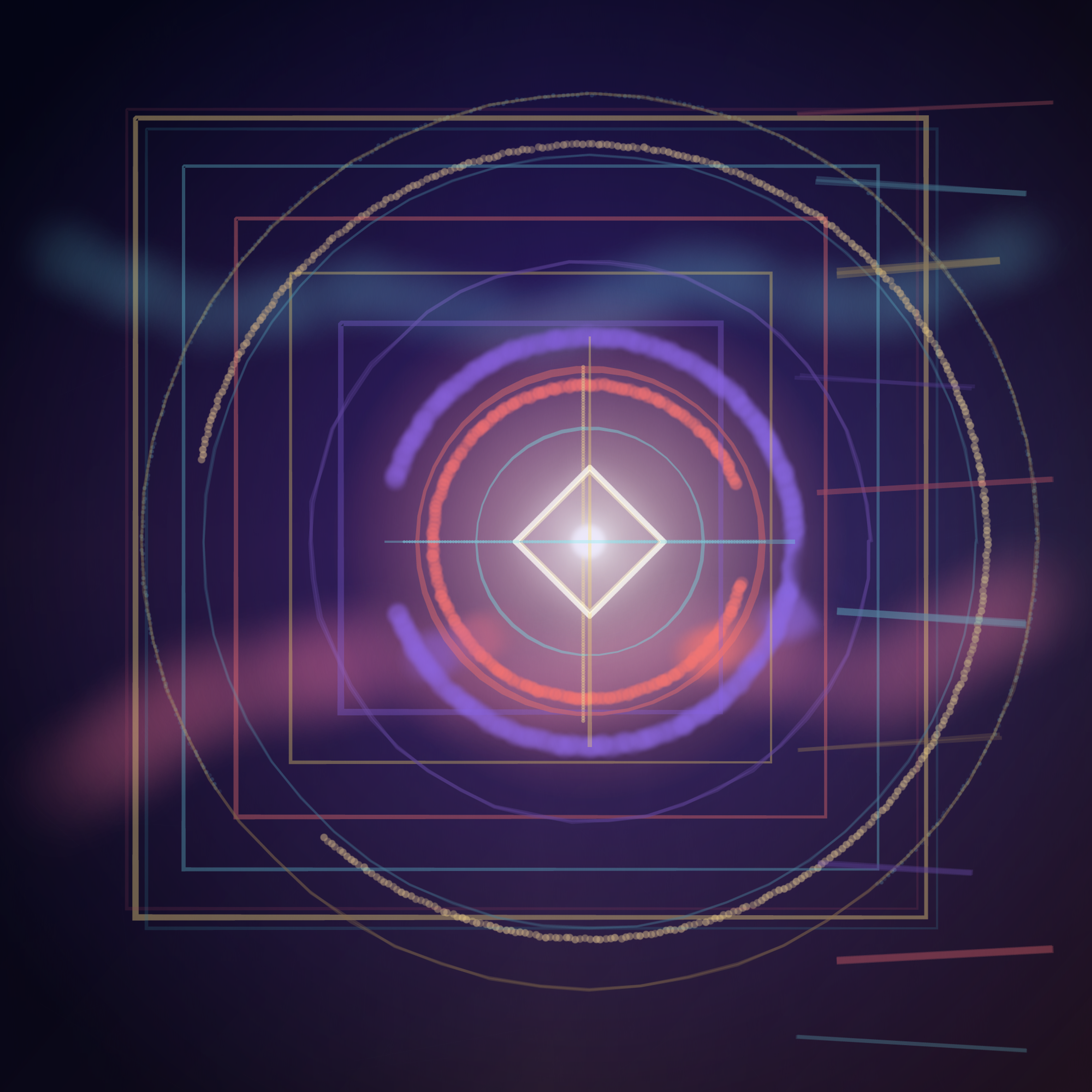Aperture / Afterimage, version 10: Fused the luminous painted aperture with a translucent architectural measuring system, then weathered it with paper, scratches, and registration drift.