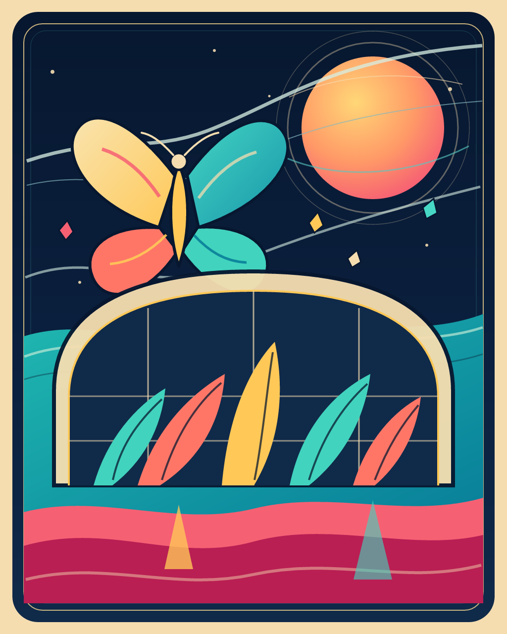The Moon Keeps a Garden, version 1: Established a restrained nocturnal poster: one monumental pollinator, a coral moon, luminous flight paths, and a tidal conservatory descending into reflected colour.
