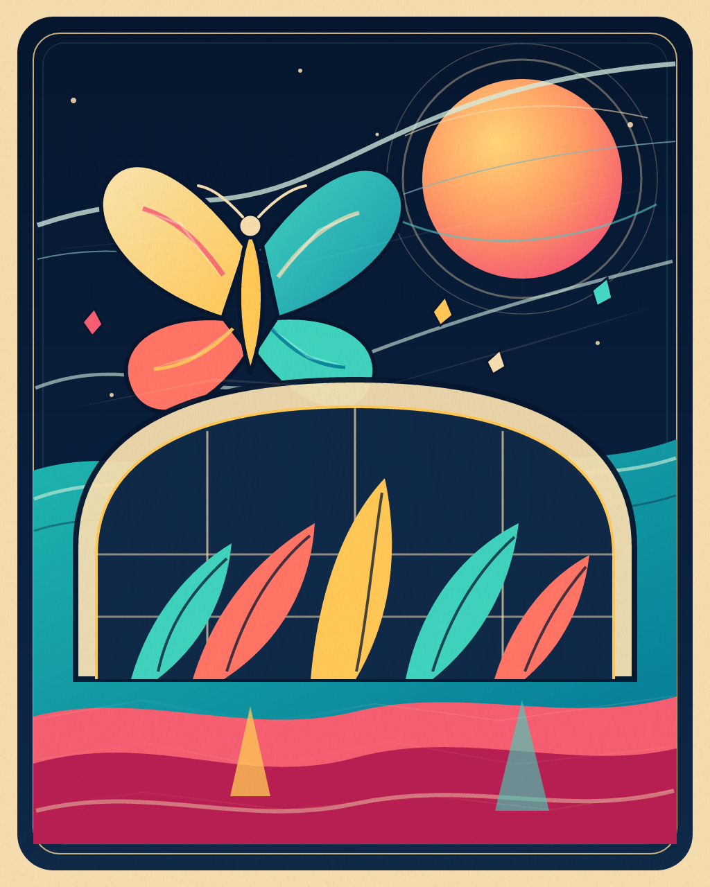 The Moon Keeps a Garden, version 7: Fused the clean poster foundation with tapered wing and tide drawing, warm paper tooth, and sparse midnight ink so the surface feels printed rather than synthetic.