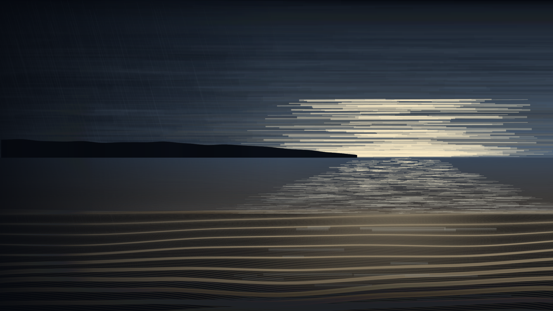 After the Squall, version 4: v4: storm shadow re-laid over the ridges so the left stops competing with the focal, beam resampled to 12px to kill banding, wind texture across the dead half of the pan, spit given a lit top edge