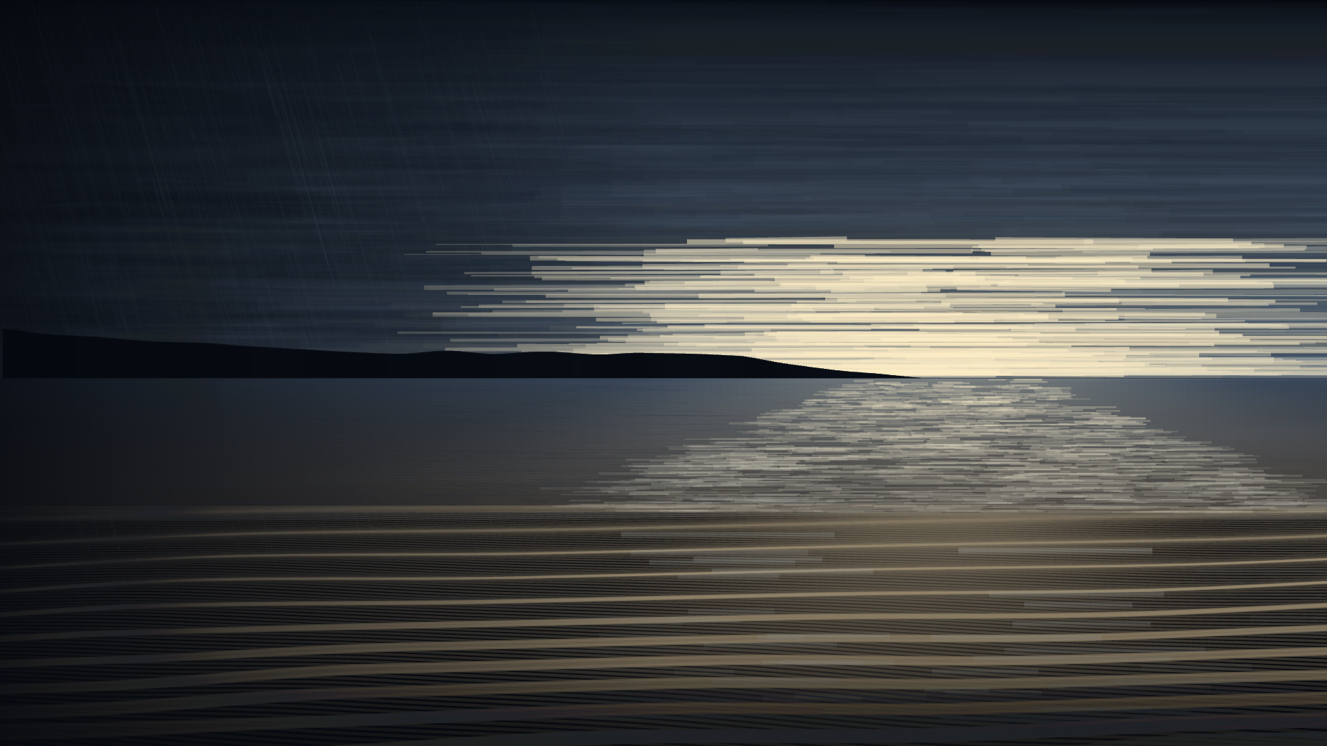 After the Squall, version 5: v5: headland tapered instead of cut off, break widened into a mass that can carry the thumbnail, pan lifts under the light, incident highlights on standing water in the lit sand