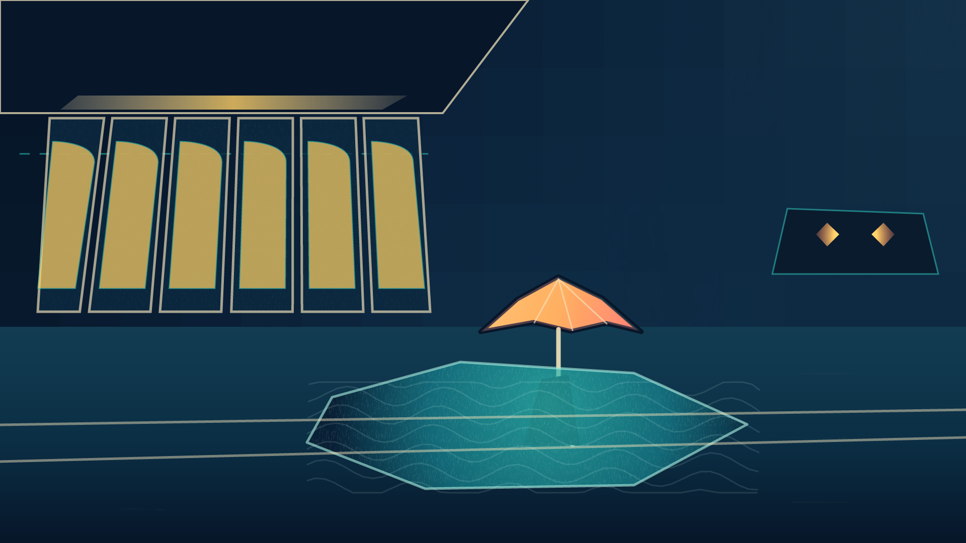 Rain Choir, version 1: Built an editable nocturnal platform: bounded sky light, generated station bays, grouped saffron umbrella, jade puddle waves, and two distant arrival lights.