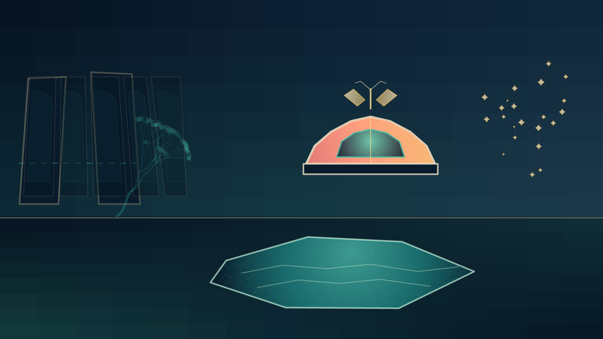 The Moth Observatory, version 1: Editable twilight mesh, coral observatory, jade basin, botanical field, survey frames, and constellation opening