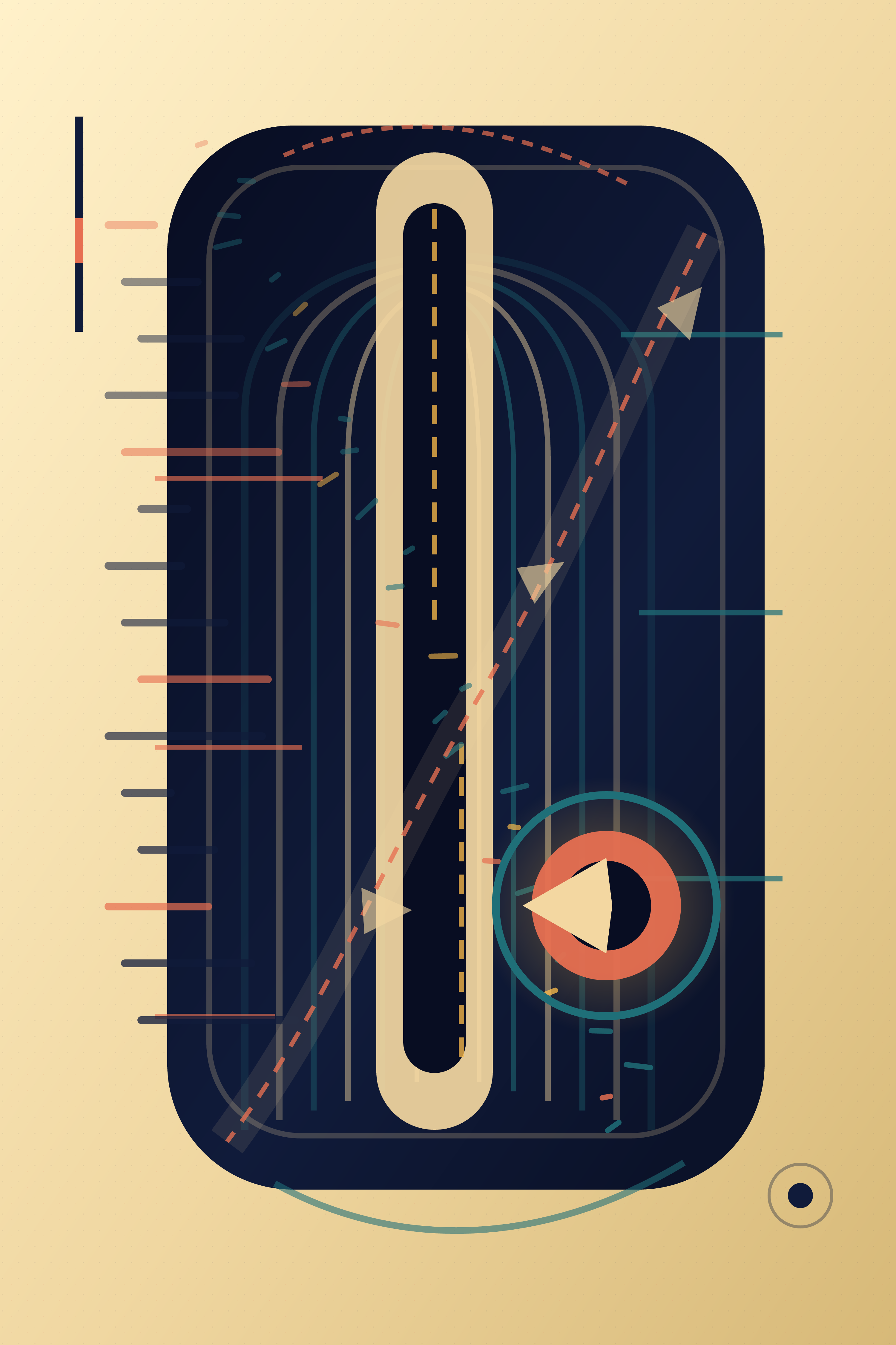 The Index of What Fell Away, version 4: Branch B2: pull the chamber inward, interrupt its central measure, and add an oblique uncertainty seam.