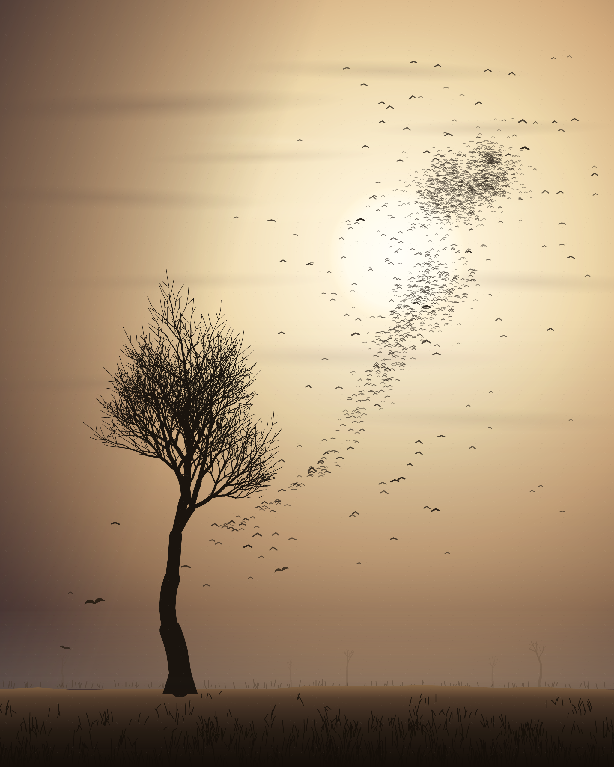 Murmuration, version 1: v1 base: full-density procedural tree, 2100-bird plume crossing a low winter sun, gradient-only atmosphere