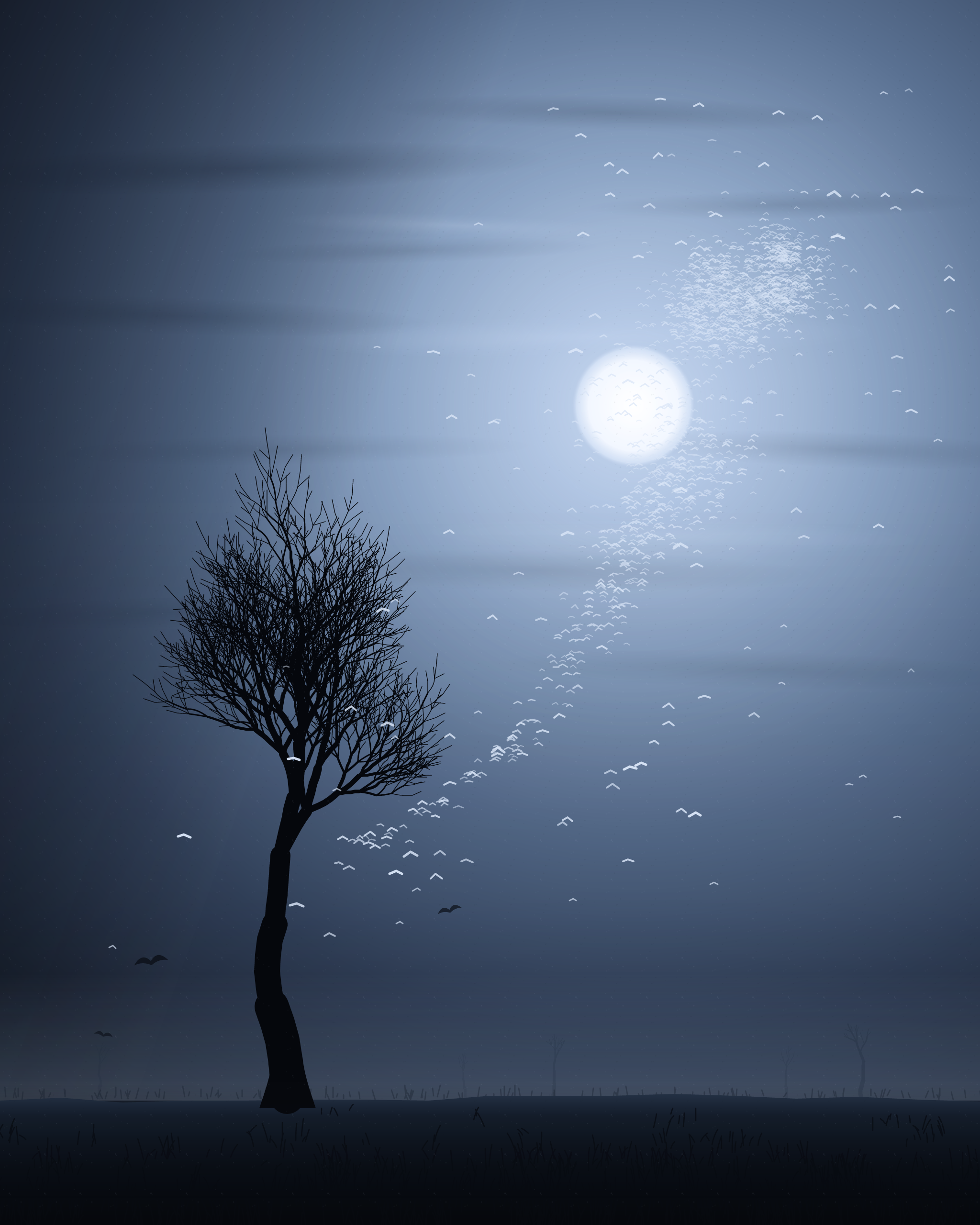 Murmuration, version 3: v3 BRANCH from v1: nocturne, inverted value structure - small cold moon, cool indigo sky, luminous pale flock. Tests whether the flock reads better as lit marks on dark than as silhouettes on light