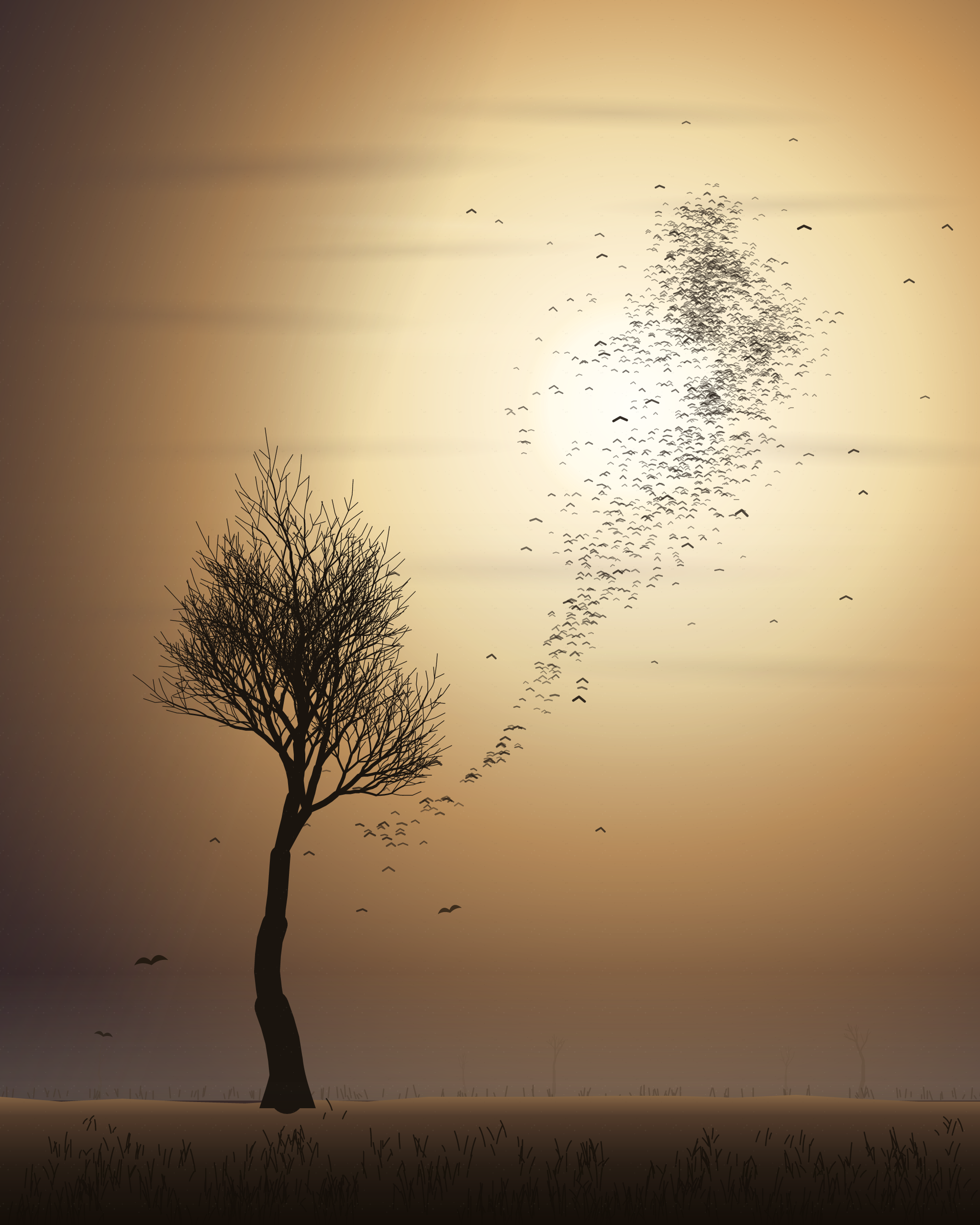Murmuration, version 5: v5: warm branch kept over nocturne. Plume now pinches and billows instead of widening evenly; head tightened and re-seated so the mass engulfs the sun; strays pulled off the borders