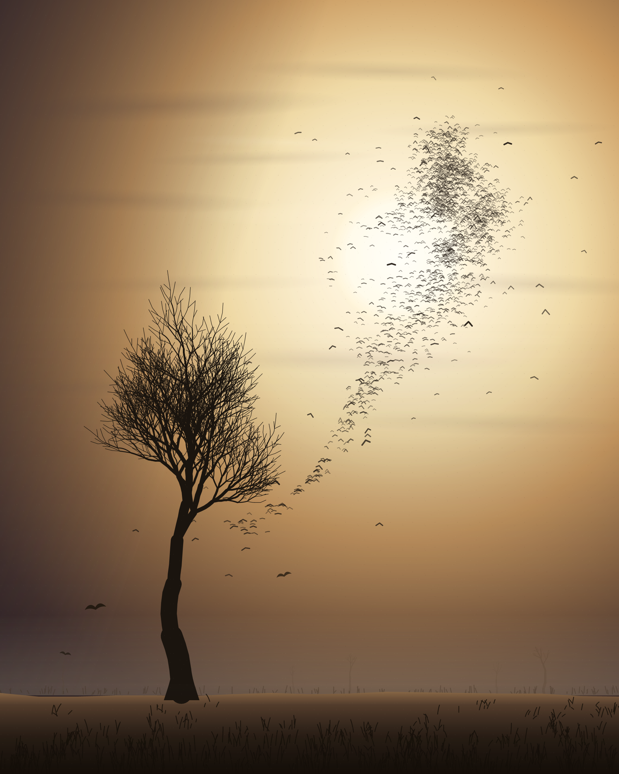 Murmuration, version 6: v6: birds bank together via a coherent heading field instead of random angles, plus wing-pose variety (deep V, cruise, glide, banking). Fixes the static look at close inspection