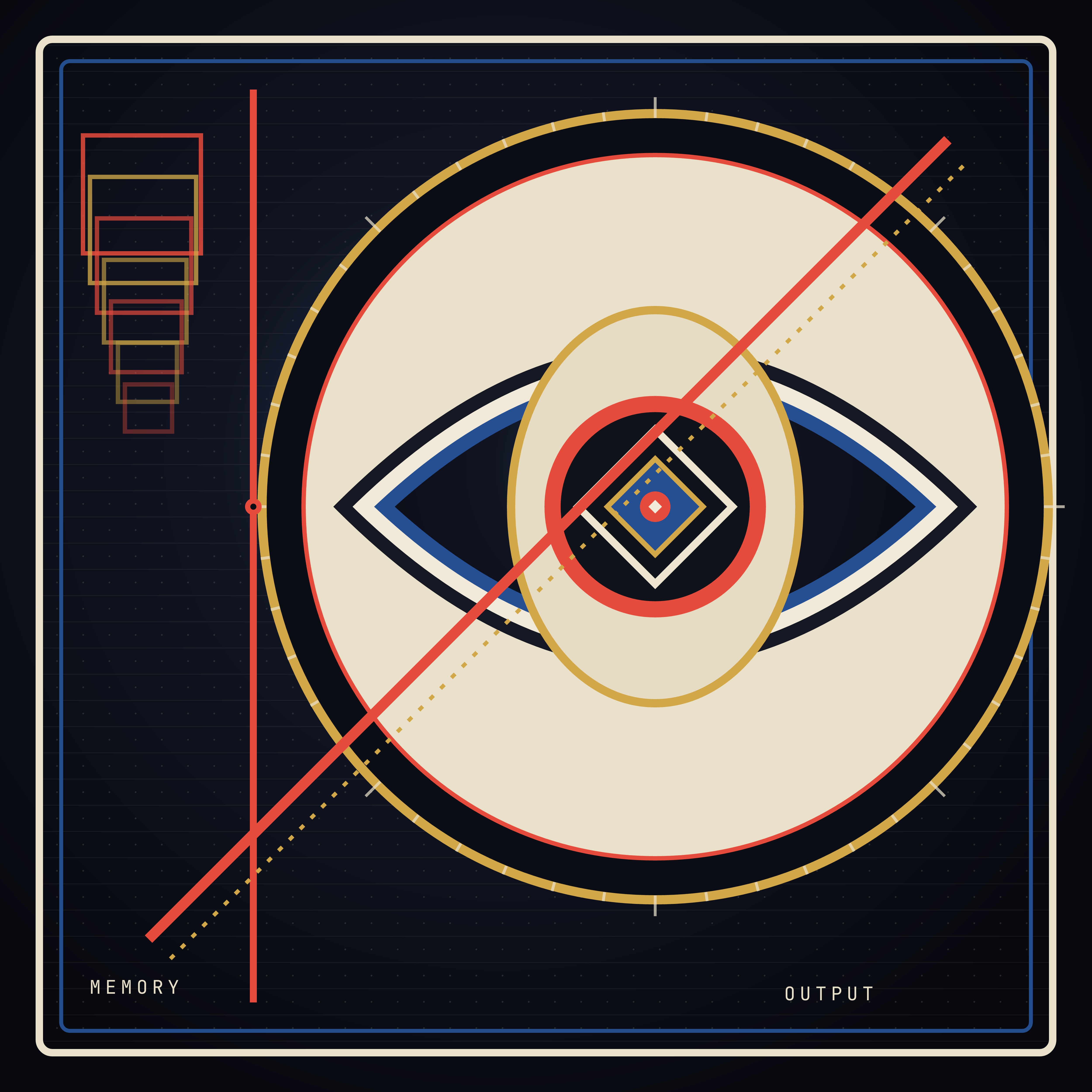 The Measure of Its Own Shadow, version 2: Branch B - replaces the obstructing bar with an off-centre ocular aperture and negative space, asking whether apparent observation can remain visibly mechanical