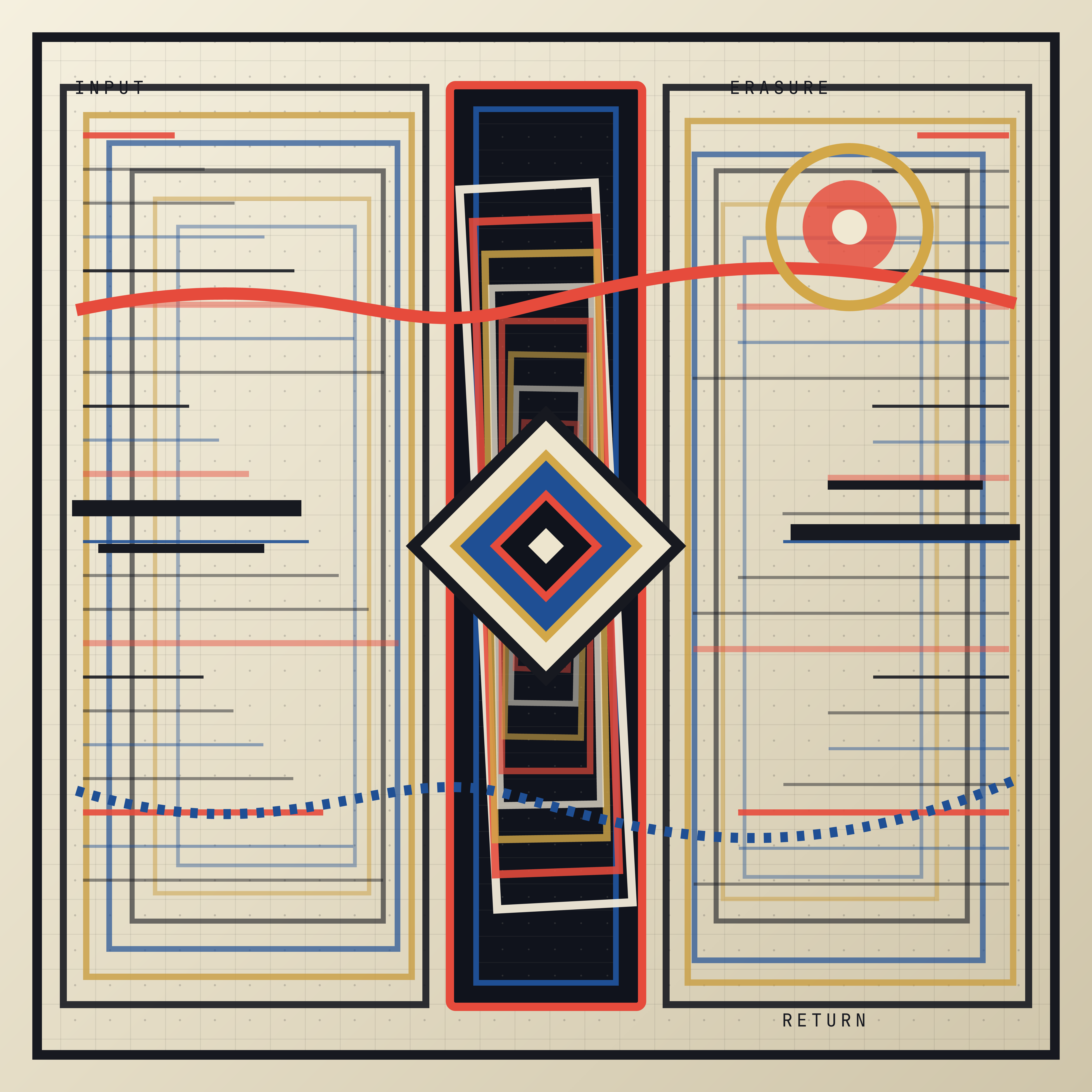 The Measure of Its Own Shadow, version 3: Branch C - abandons the eye motif for a dense split ledger with false mirroring, redacted instructions, and a narrow recursive void