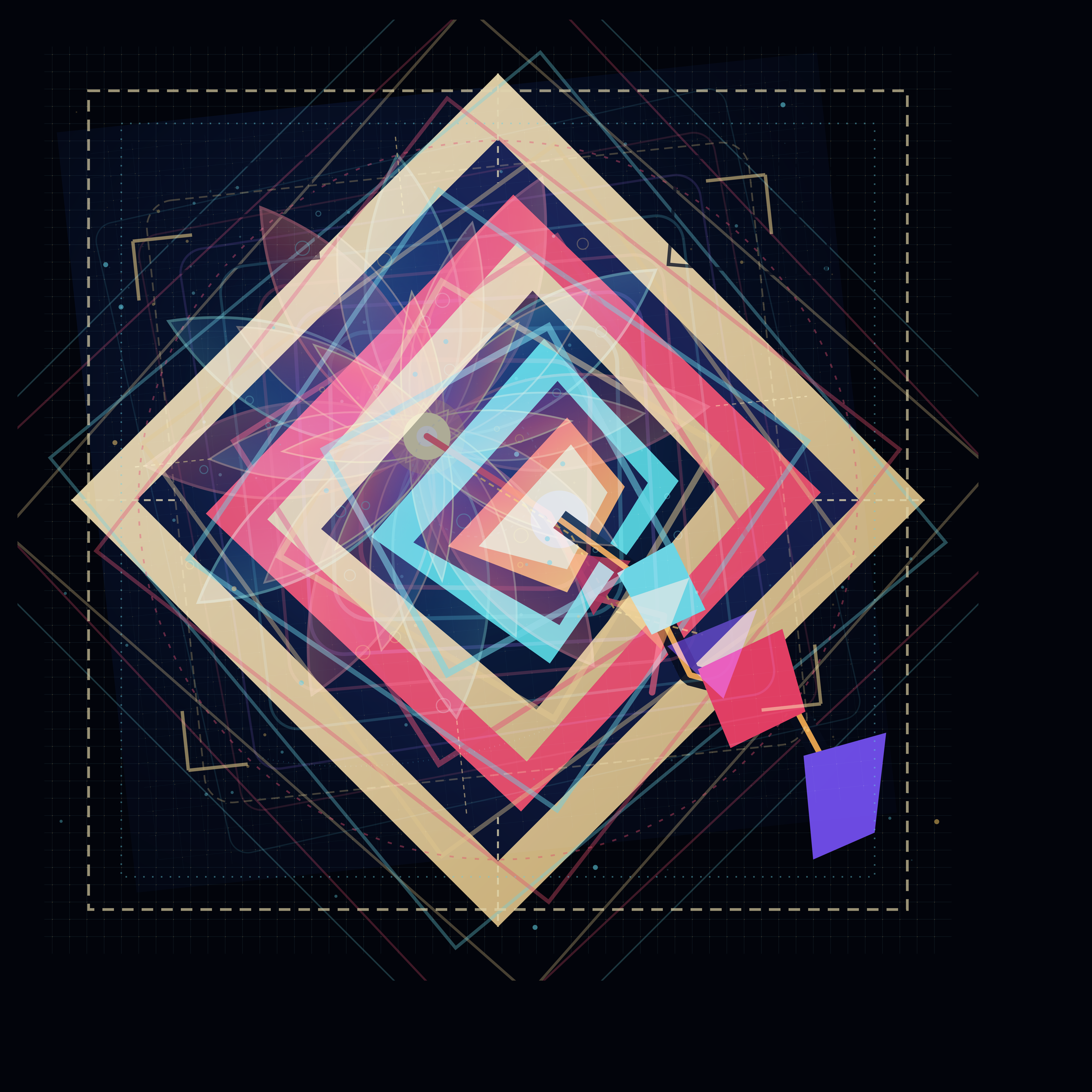 The Margin Learns to Bloom, version 10: Synthesis 2 - shift the recursive system up-left and let the lower-right margin become an escape field