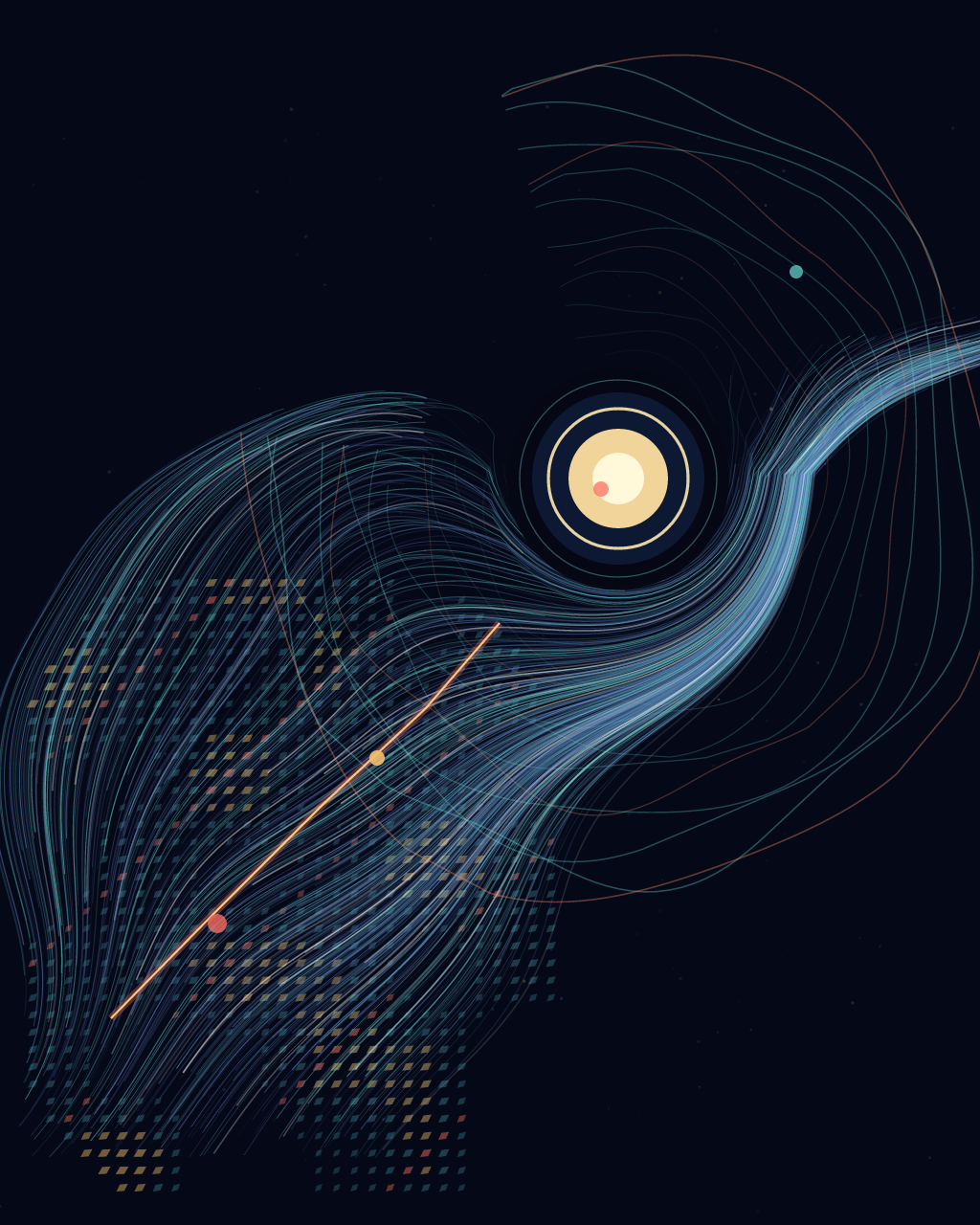 A Field Learns to Sing, version 4: Synthesis — keep the flow hierarchy; let cellular fragments condense into the current at lower left