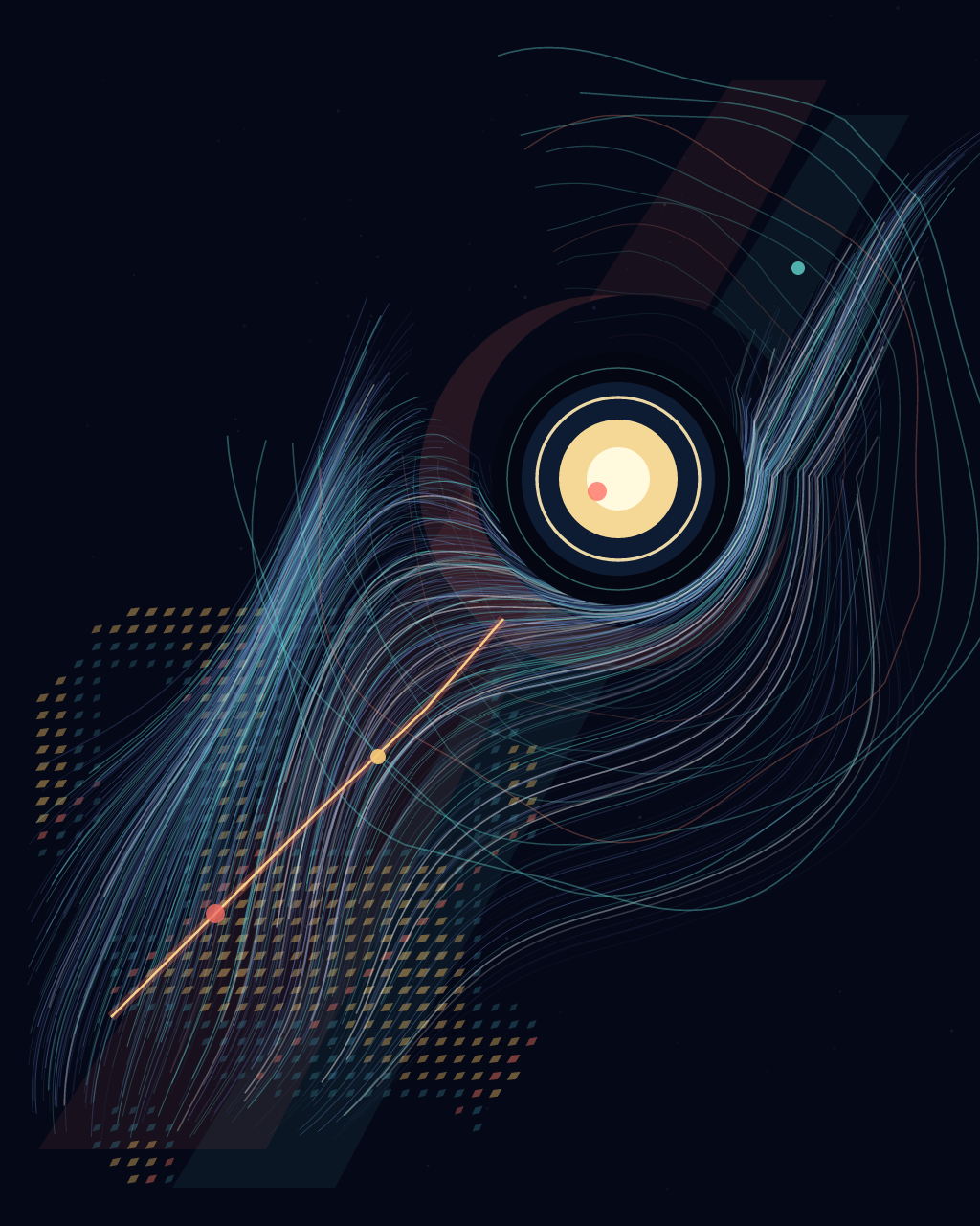 A Field Learns to Sing, version 5: Resolution pass — simplify the periphery, enlarge the singing aperture, and add a monumental coral crescent behind the converging current