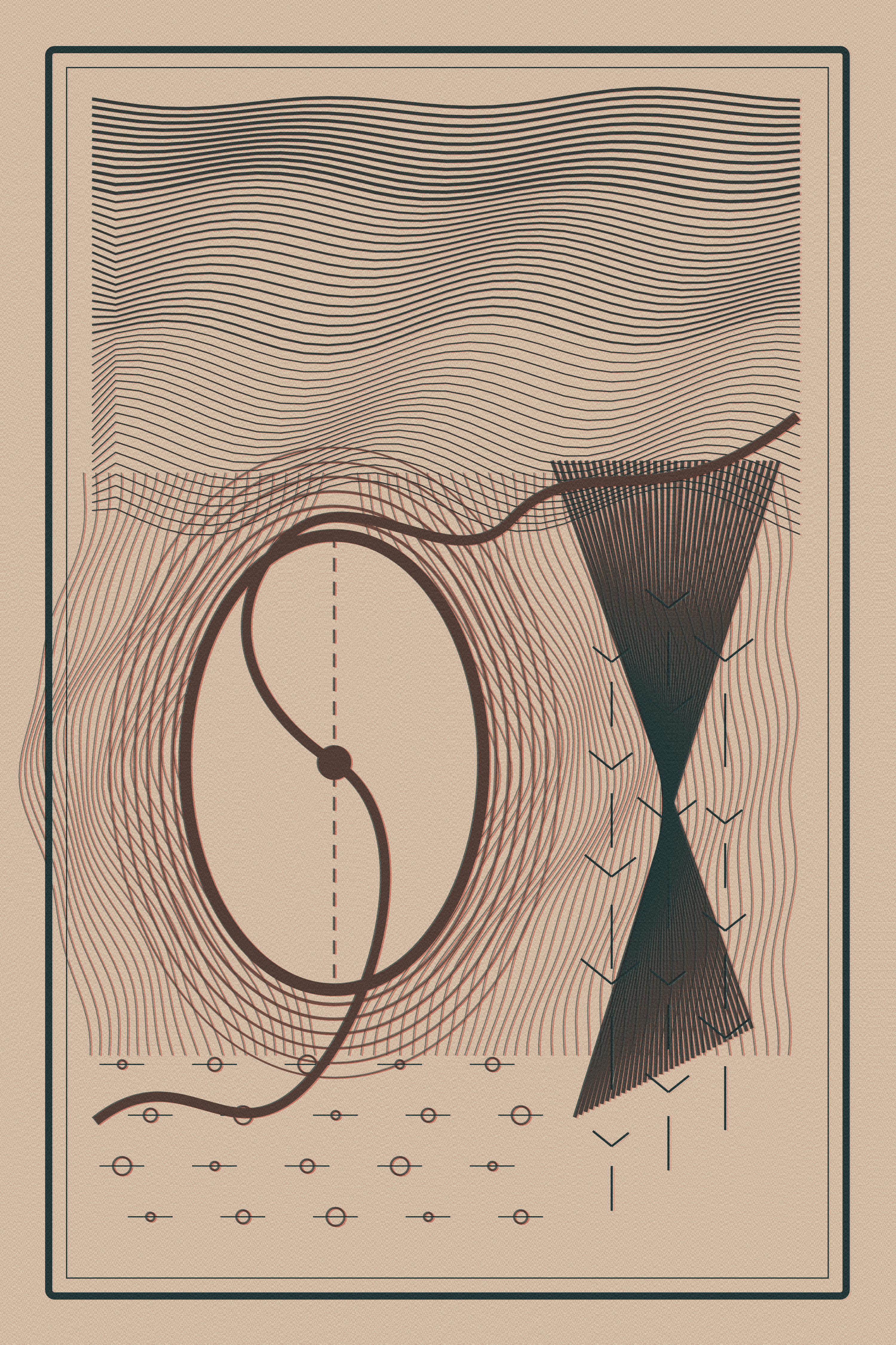 The Interval Learns Its Edge, version 6: Synthesis v2 — exact two-plate risograph with restrained grain and visible misregistration