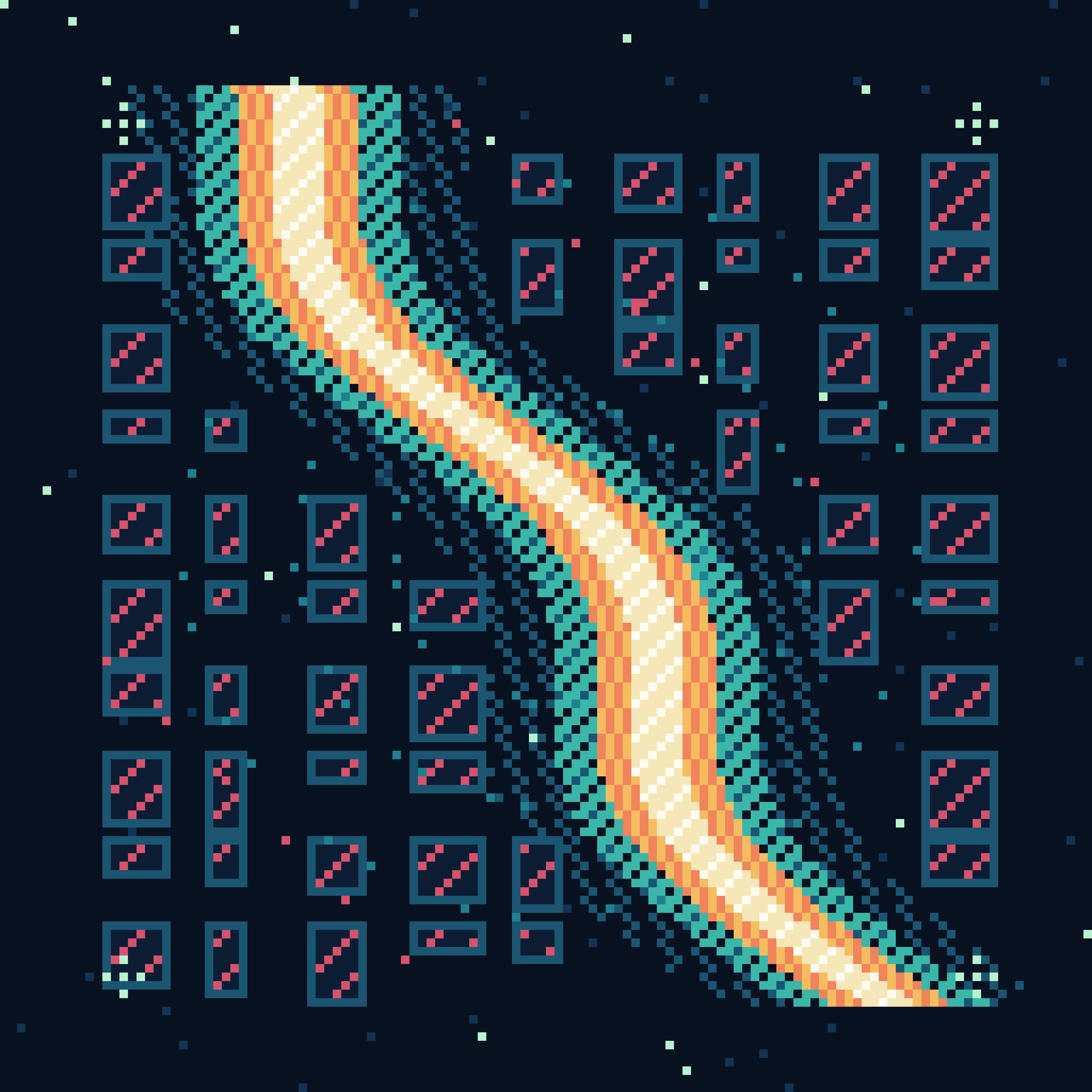 Memorial for a Future Dawn, version 4: Branch B2: tighten the diagonal river, activate selected city apertures in coral, and add sparse orbital counter-rhythm.