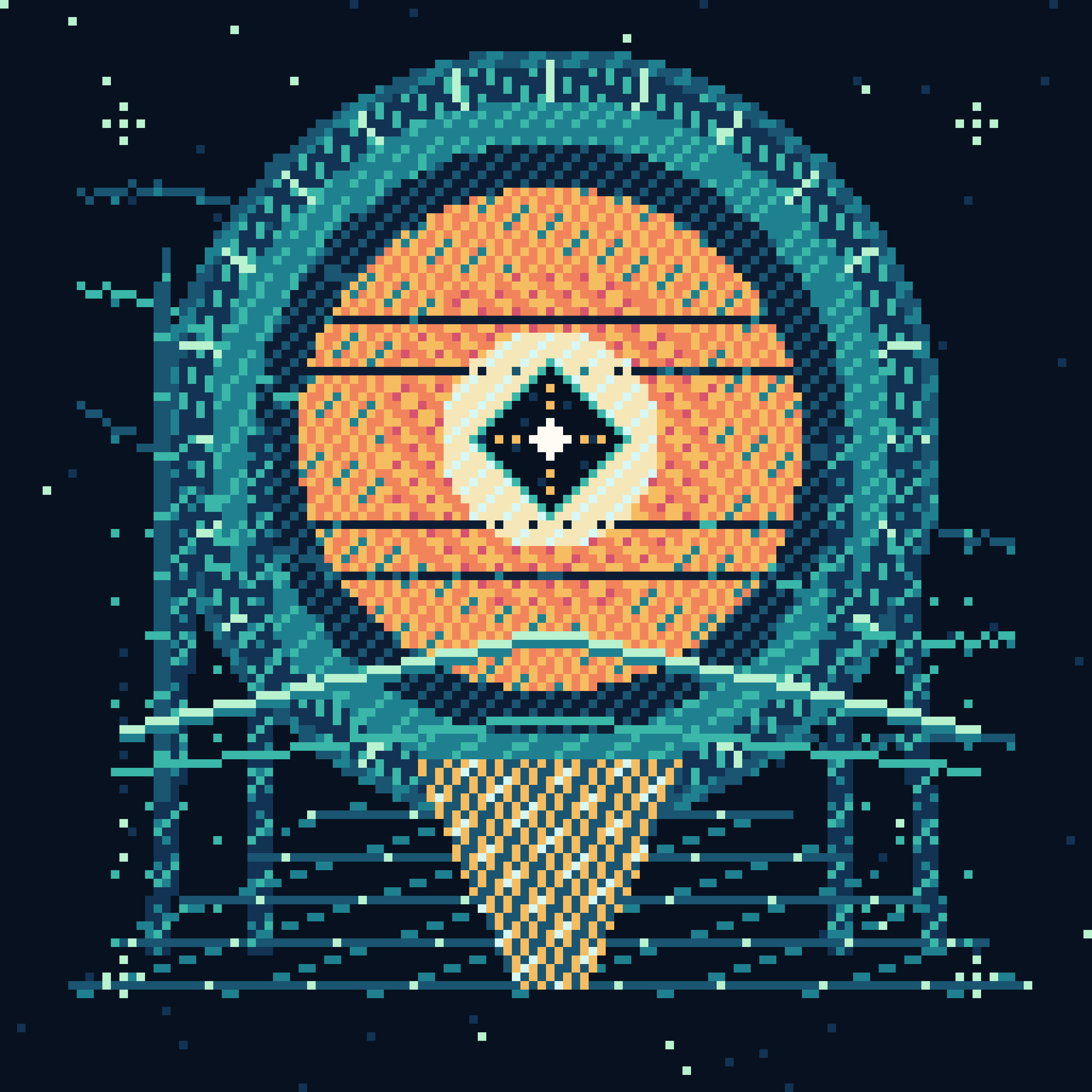 Memorial for a Future Dawn, version 5: Synthesis S1: retain the monumental hierarchy, import diagonal energy, and cut a dark seed-aperture into the solar core.