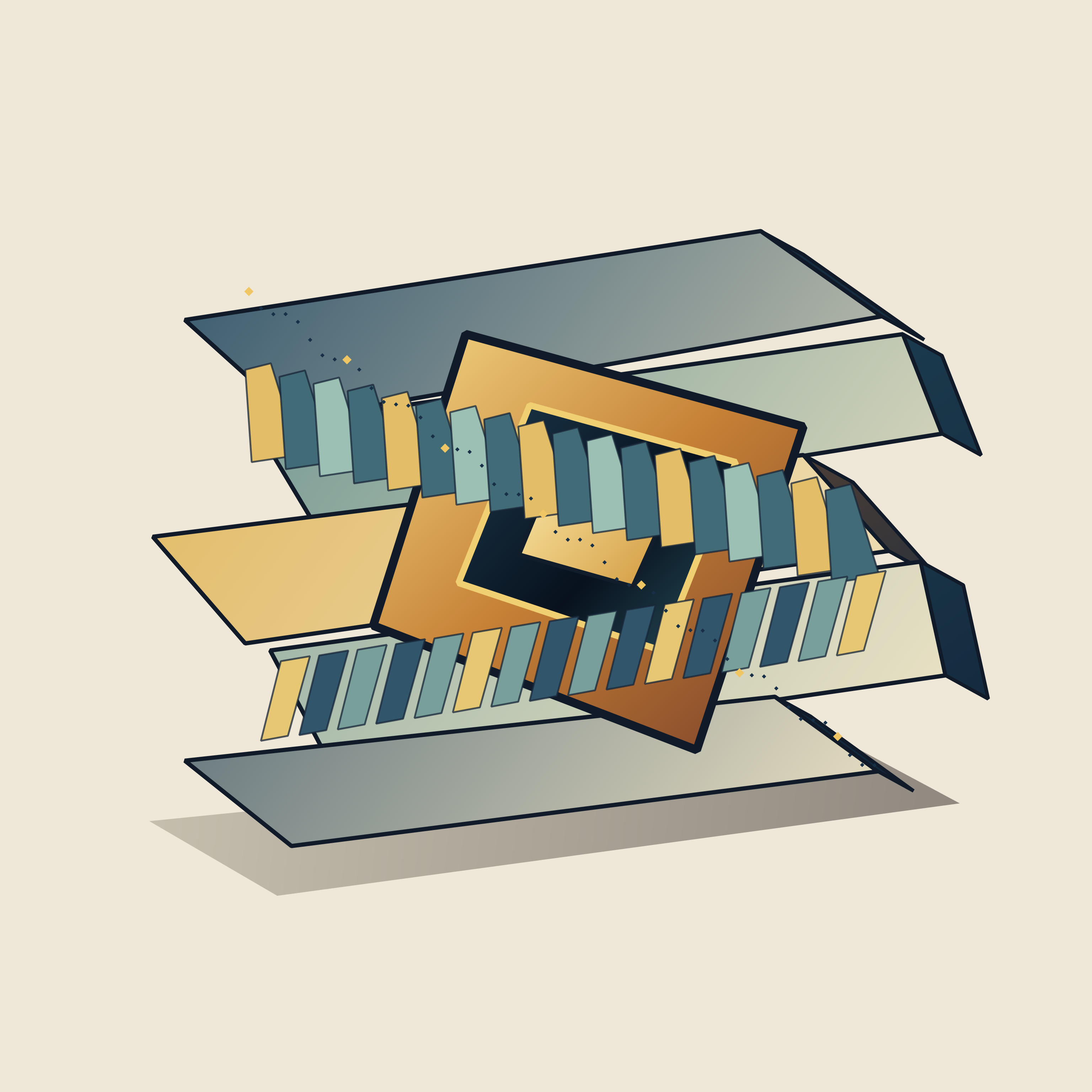 A Chamber Built Around the Missing Stone, version 2: Branch B / hypothesis: horizontal cantilevers and an angular chamber can make absence feel heavier than the object surrounding it.