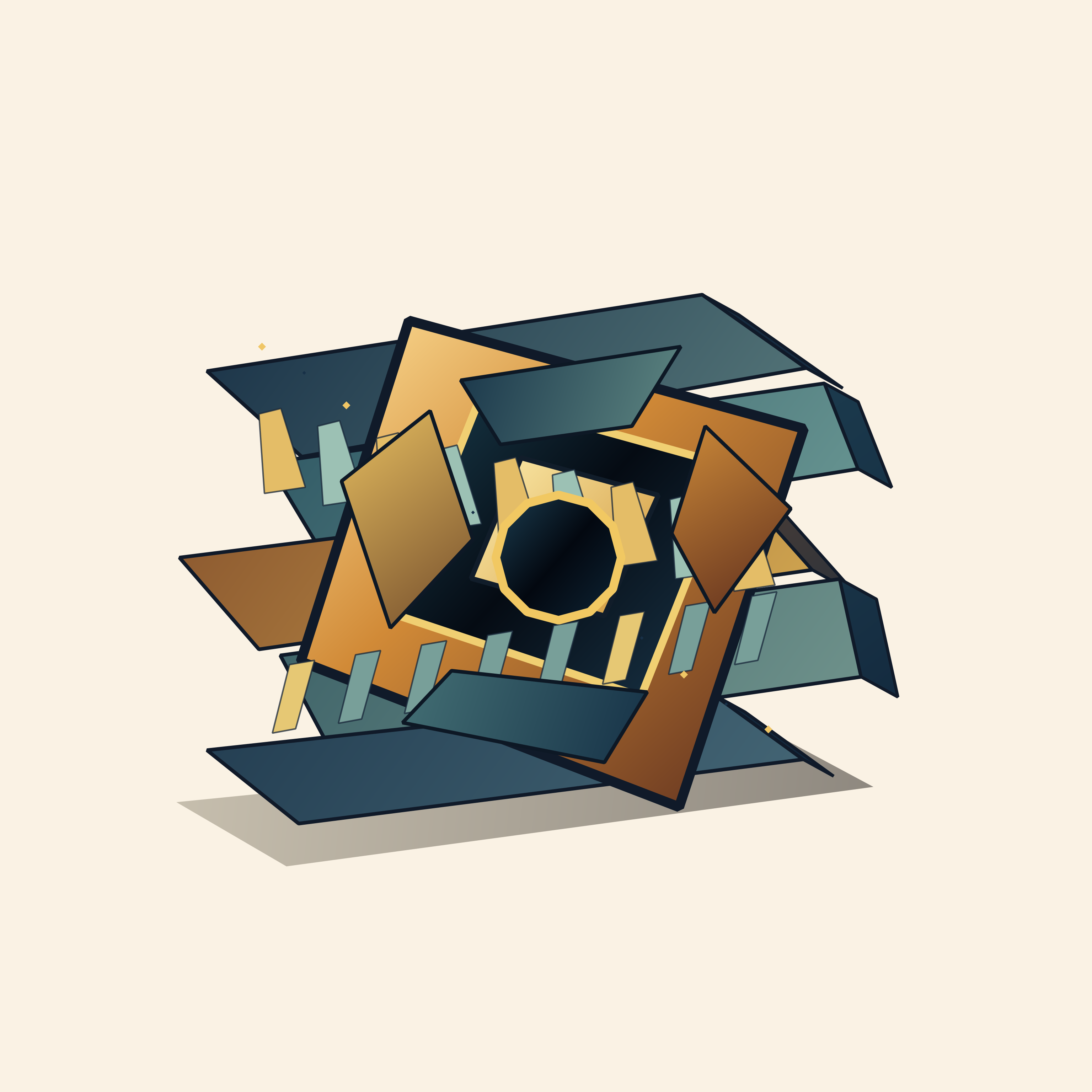 A Chamber Built Around the Missing Stone, version 5: Resolved sculpture / pull the body further inside the trim, halve the remaining rivets, and carve one high-contrast dark core inside the gold chamber.