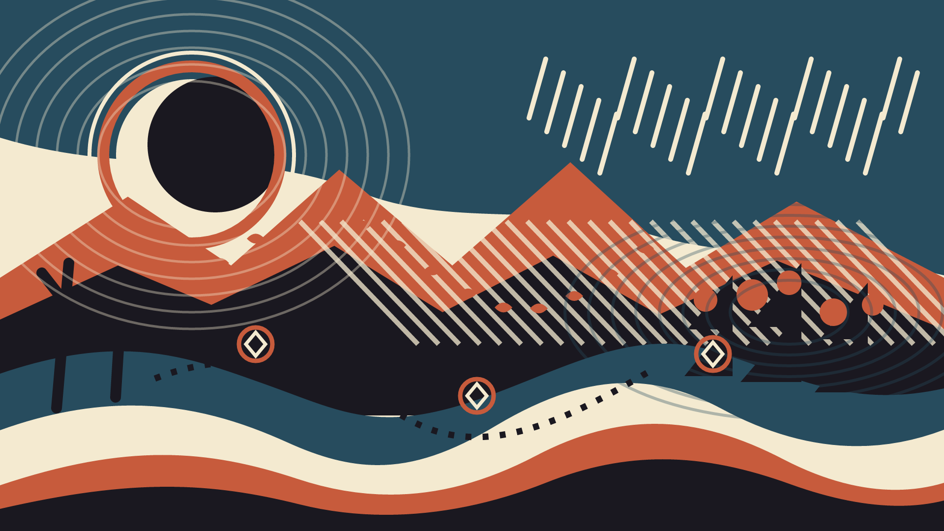 The Valley Practices Rain, version 5: Synthesis: retain horizon clarity, transplant topographic echoes, strengthen eclipse and mark three transformations