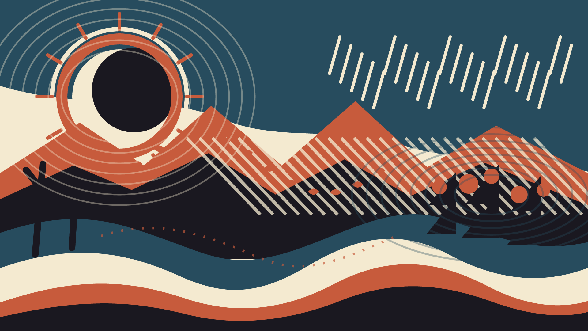 The Valley Practices Rain, version 7: Hierarchy revision: enlarge the off-centre eclipse, quiet central marks, and preserve three linked environmental beats