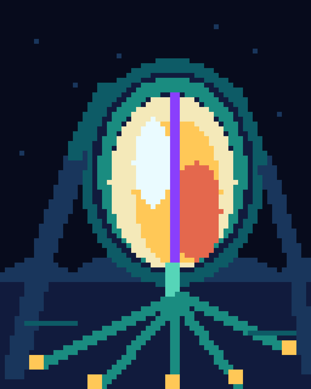 Seed Signal: Nocturne for a Future Orchard, version 2: A2 enlarged offset seed; simplified star field and mountain rhythm