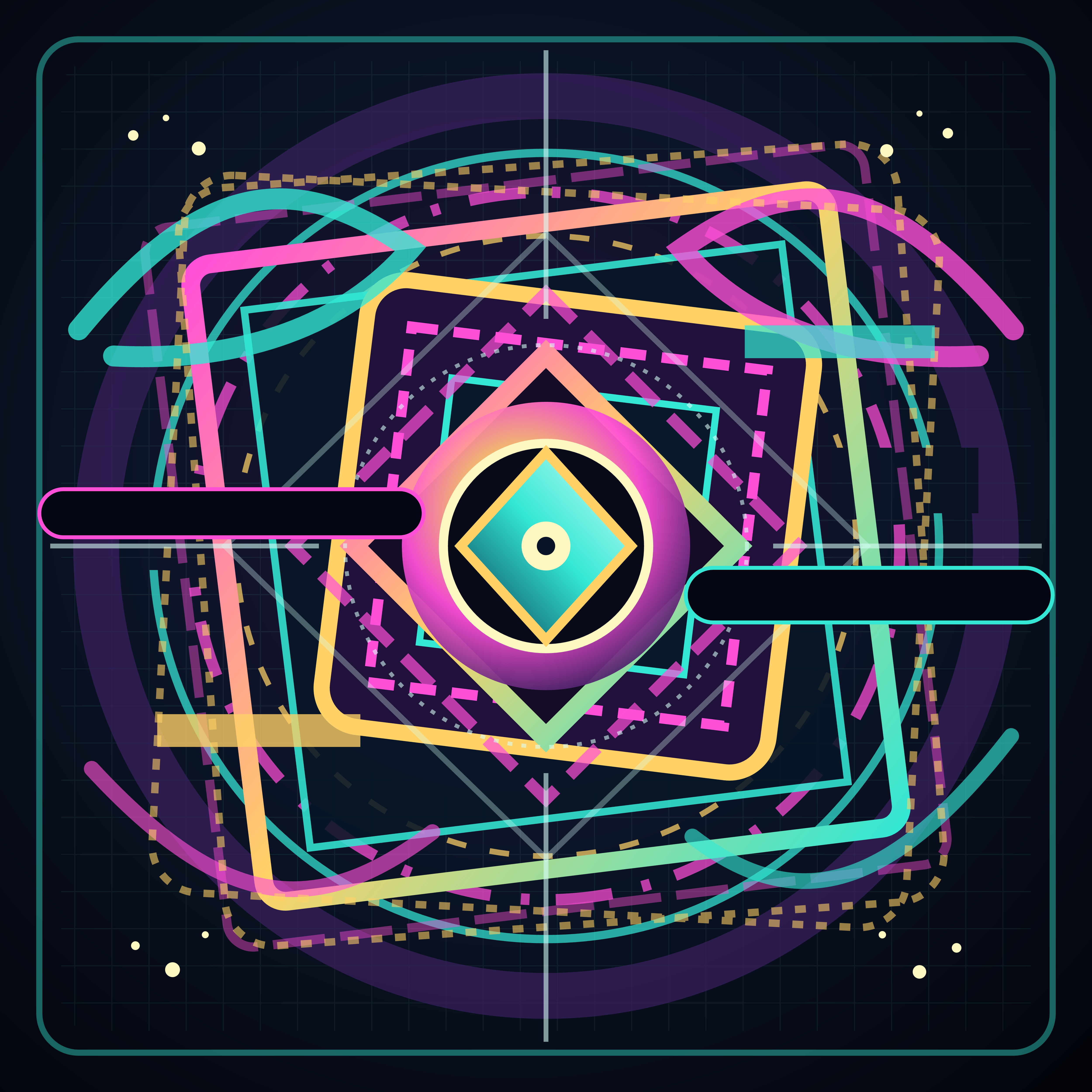 The Mirror That Interrupts Itself, version 1: V1 structural source: recursive shrine, false symmetry, inspection reticle, revision ghosts, and occluding bars