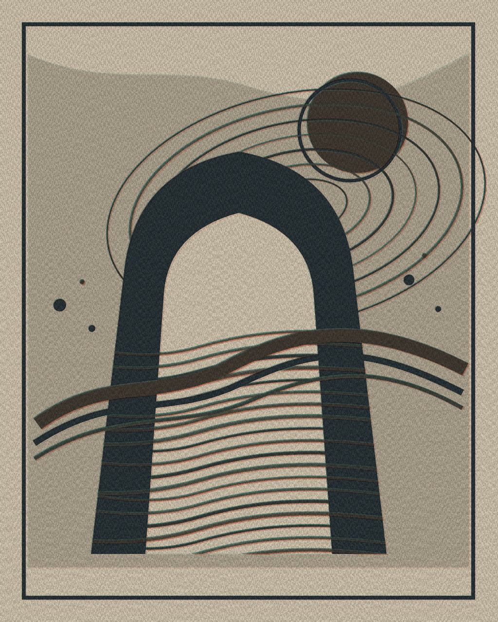 The Moon Takes Inventory of the Tide, version 4: Branch B pressed as three plates: 38.2% coverage created tactile fossil depth, but the preview showed plate overlap muting the moon and flattening the lower map.