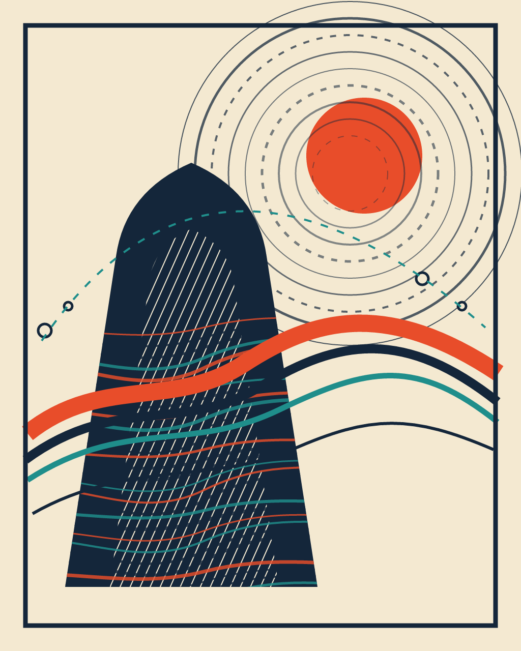 The Moon Takes Inventory of the Tide, version 5: Branch B revision after proof: restore the moon as vermilion focal plate, shift the monument left, enlarge four wave bands, and reserve paper so the map breathes at thumbnail scale.