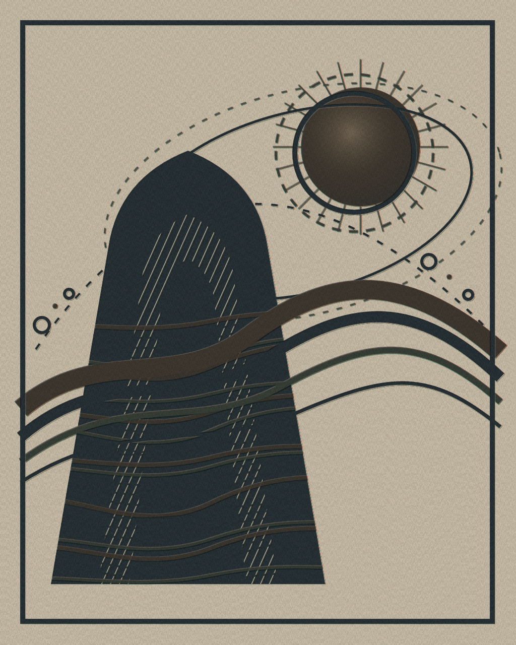 The Moon Takes Inventory of the Tide, version 7: Final press test: 39.6% coverage makes a solemn bronze fossil, but compresses the vermilion moon and teal tide into near-monochrome; preserve as evidence, not default winner.