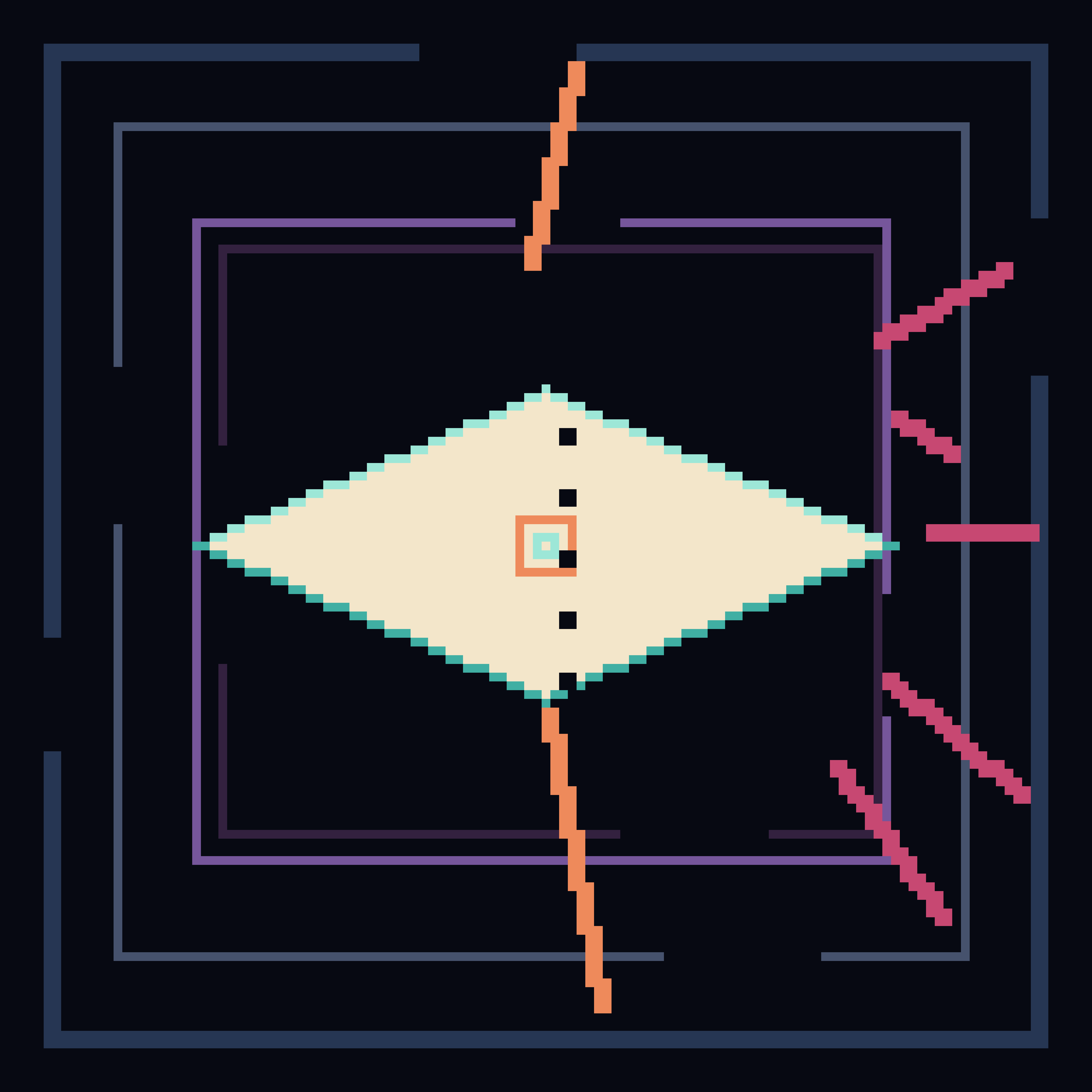 The Lantern Refuses Its Frame, version 2: Hypothesis A1 corrected — central eye-aperture tests an iconic thumbnail thesis; broken nested frames, false symmetry, and a visible ghost revision remain legible up close.