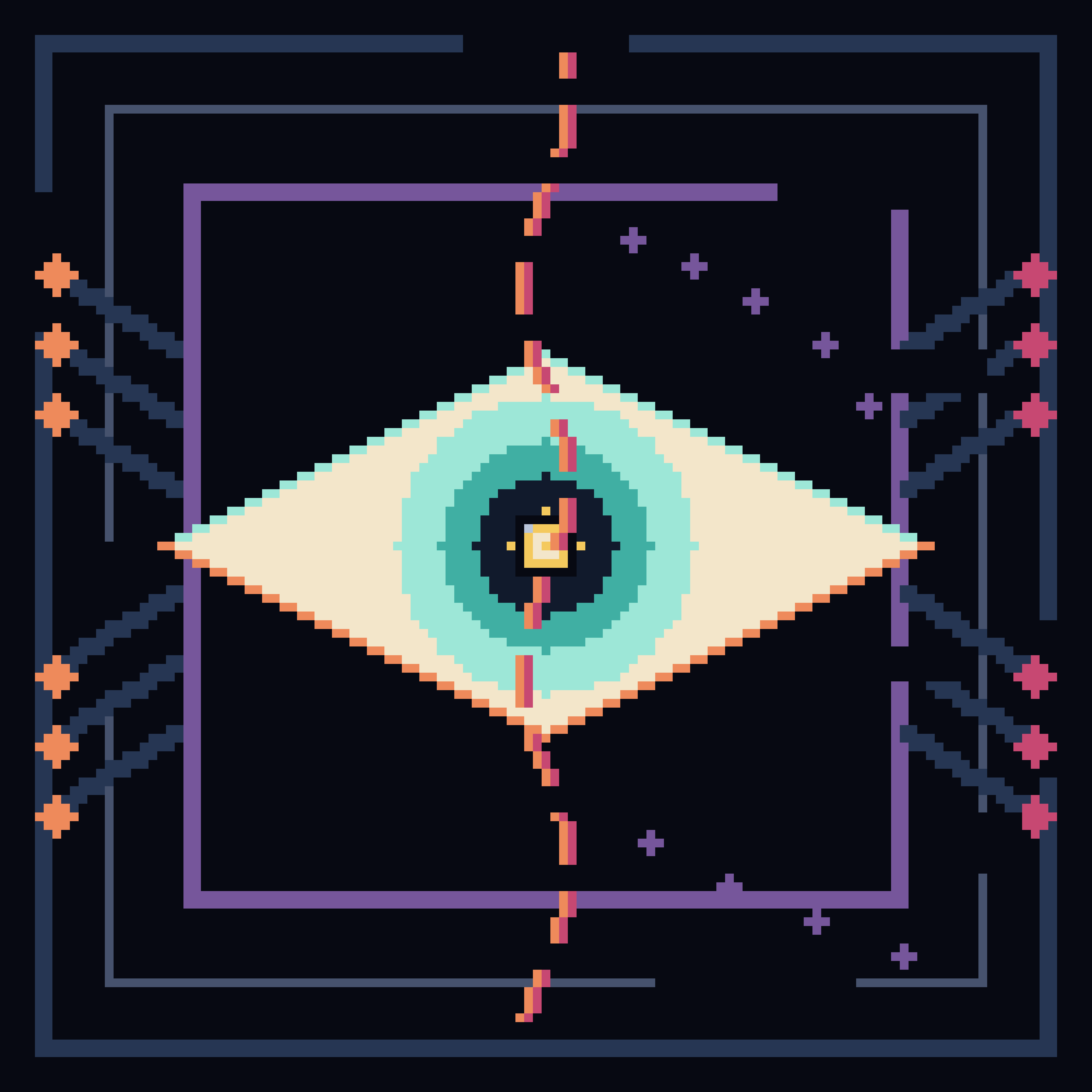 The Lantern Refuses Its Frame, version 3: Hypothesis A2 — enlarge the aperture and turn the centre seam into a visible contradiction: an eye split between inspection and manufacture, with orderly left traces and eroded right traces.