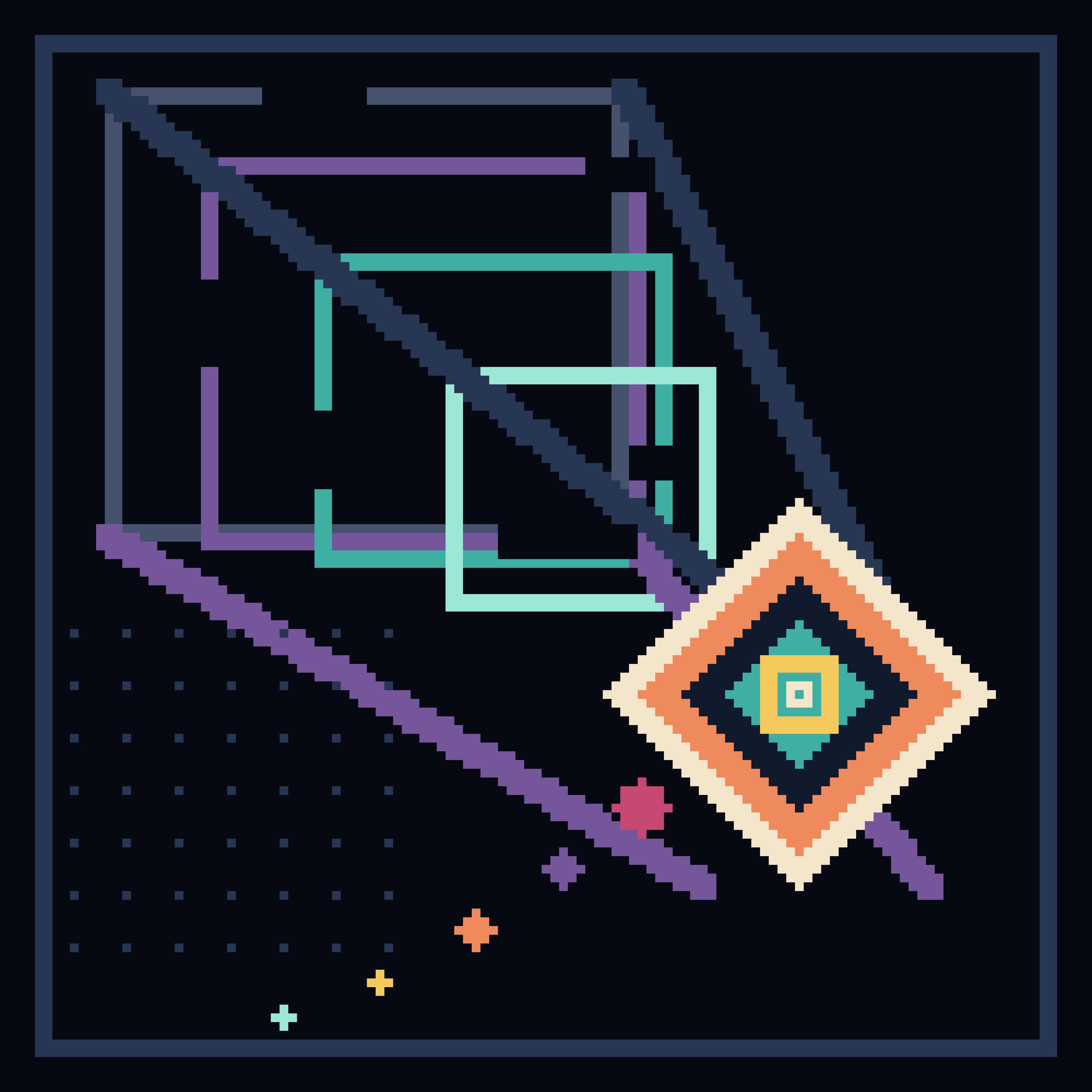 The Lantern Refuses Its Frame, version 4: Hypothesis B1 — replace the face-like icon with a diagonal corridor: nested frames funnel toward a displaced diamond that may be destination, source, or cursor; its output trail runs backward.