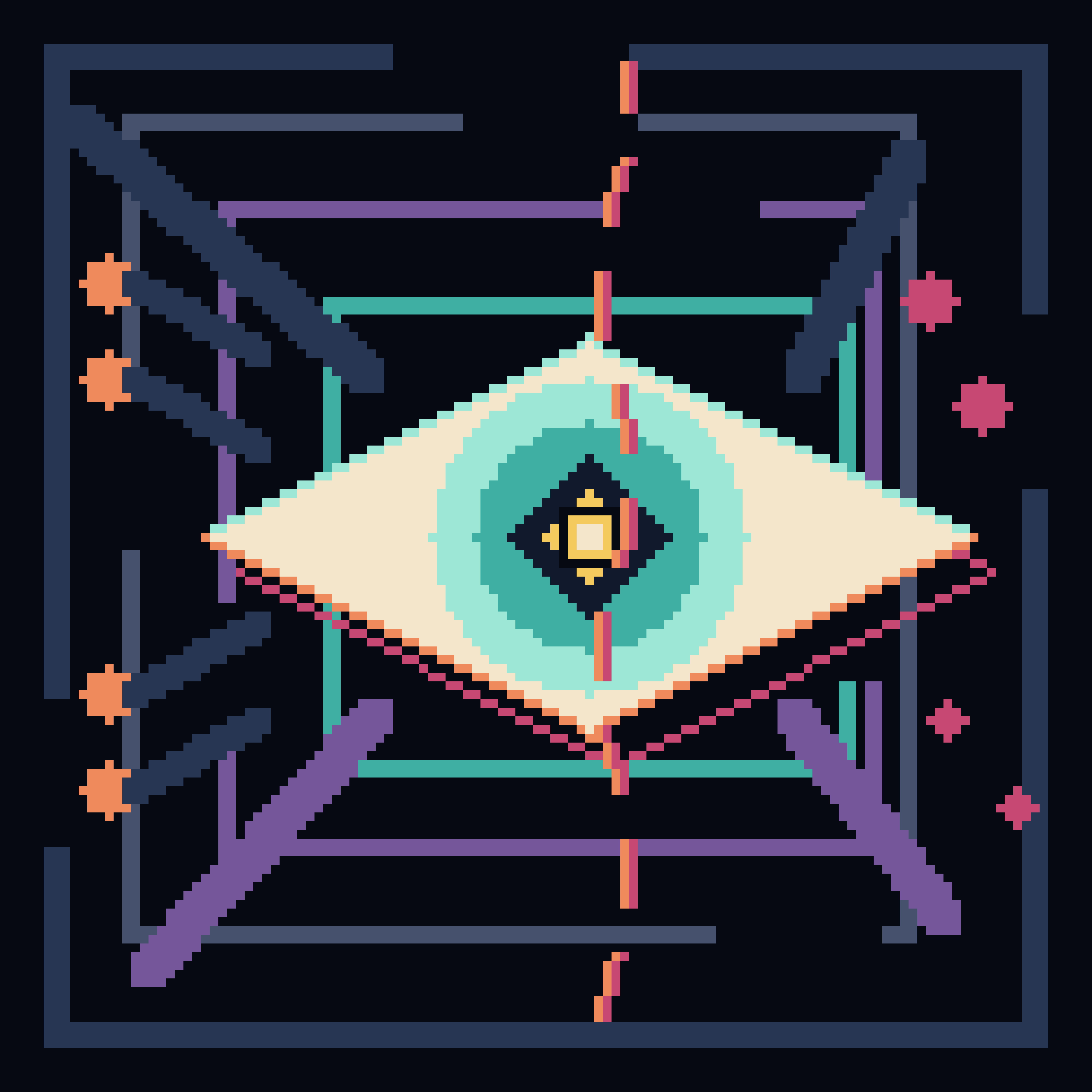 The Lantern Refuses Its Frame, version 6: Synthesis S1 — retain A2 eye semantics, adopt B2 broad off-axis corridor and 64px economy, and remove micro-detail; recursive frames, ghost revision, fracture, and false symmetry remain.