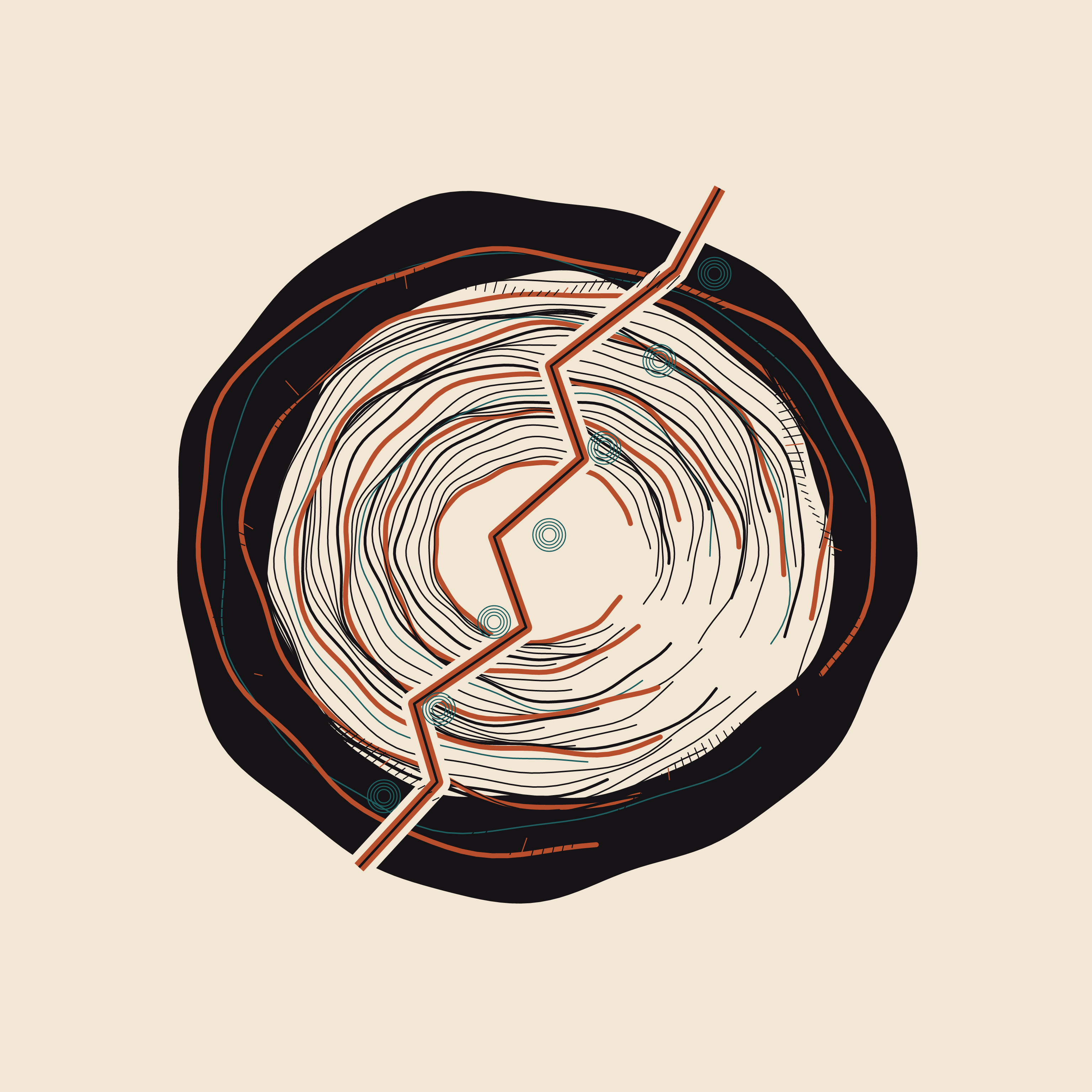 The Memory of Pressure, version 2: Branch A refinement: strengthen the fault, add a third micro-scale, and keep all focal mass inside the 80 percent safe area.
