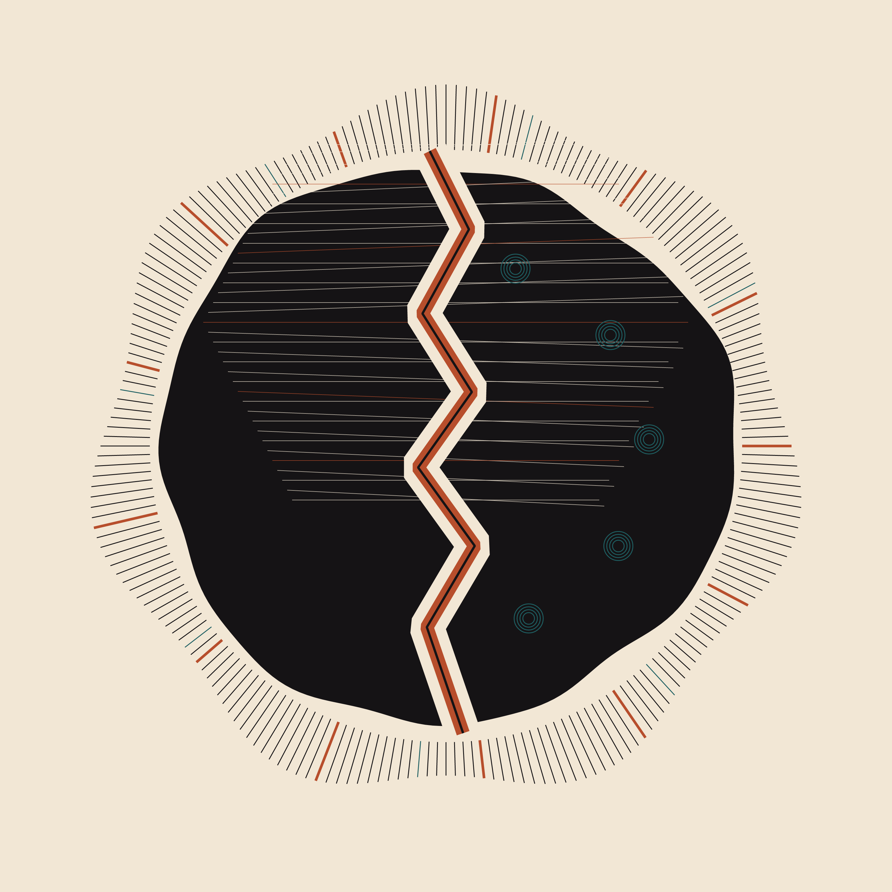 The Memory of Pressure, version 5: Synthesis after comparison: keep Branch A concentric archive and strong contrast, adopt Branch B axial cleft and radial halo; concentrate change in the central quadrants and preserve the quiet border.