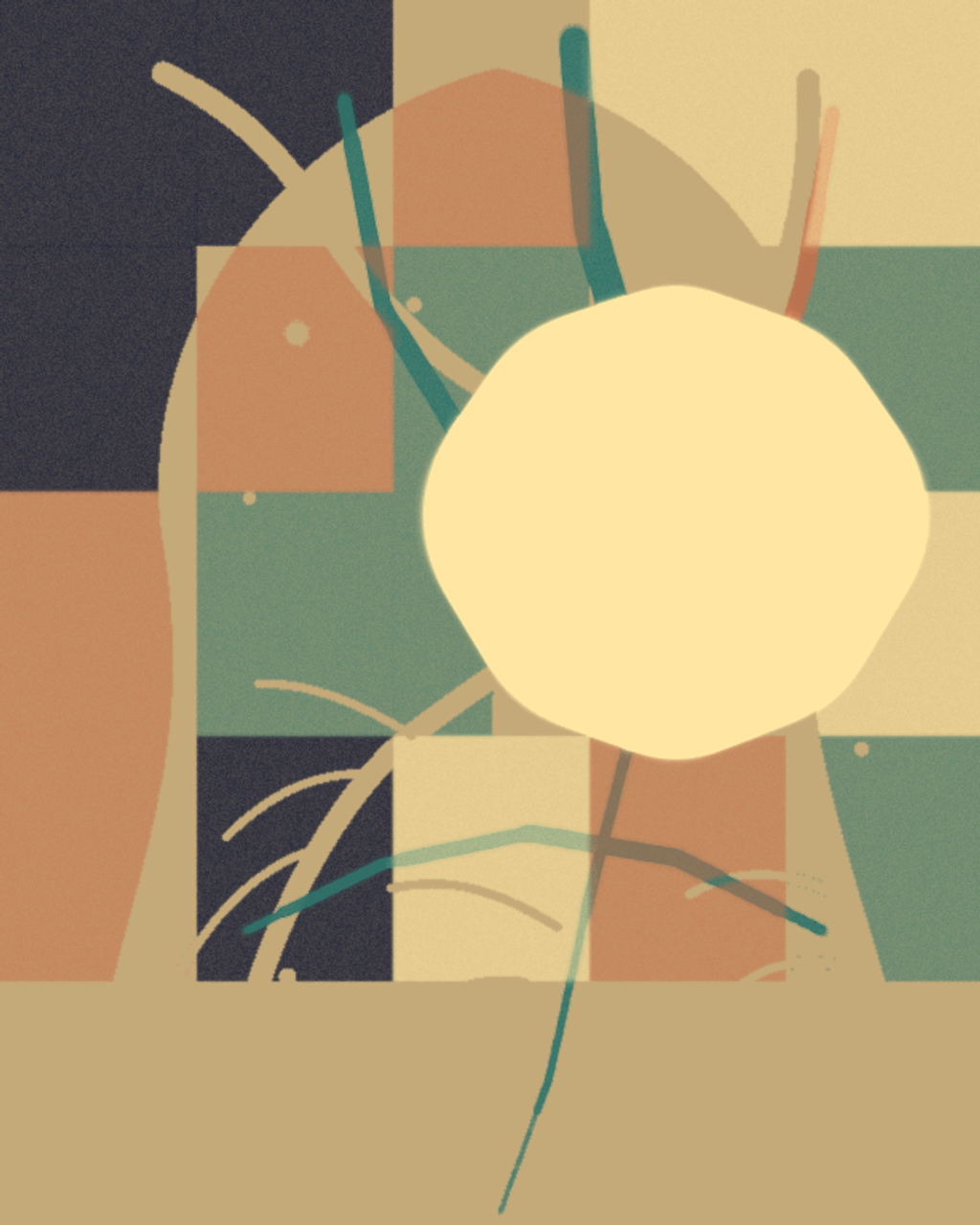 The Rain Beneath Us, version 8: Final-scale revision - broadens the spore-heart into a single luminous field, removes its fussy dark core, darkens paper separation, and opens the crowded lower edge by lifting four peripheral washes.