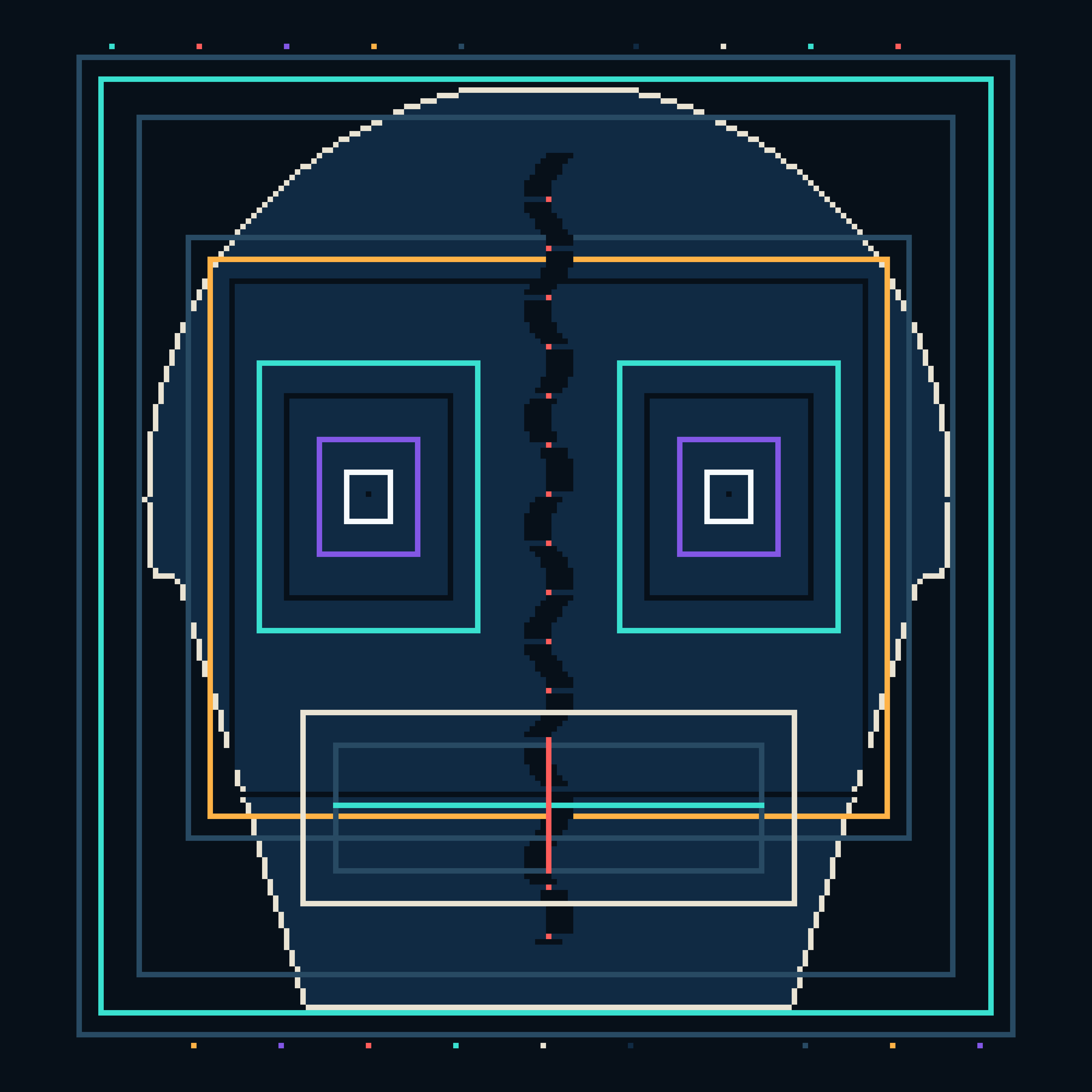 Choir of the Uncommitted Frame, version 1: V1: monumental mask-cathedral thesis, twin recursive eyes, central cursor-void.
