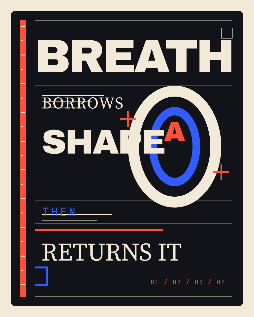 BREATH BORROWS A SHAPE, version 2: V2 Ledger typeset — hierarchy carried by weight, spacing, and interruption