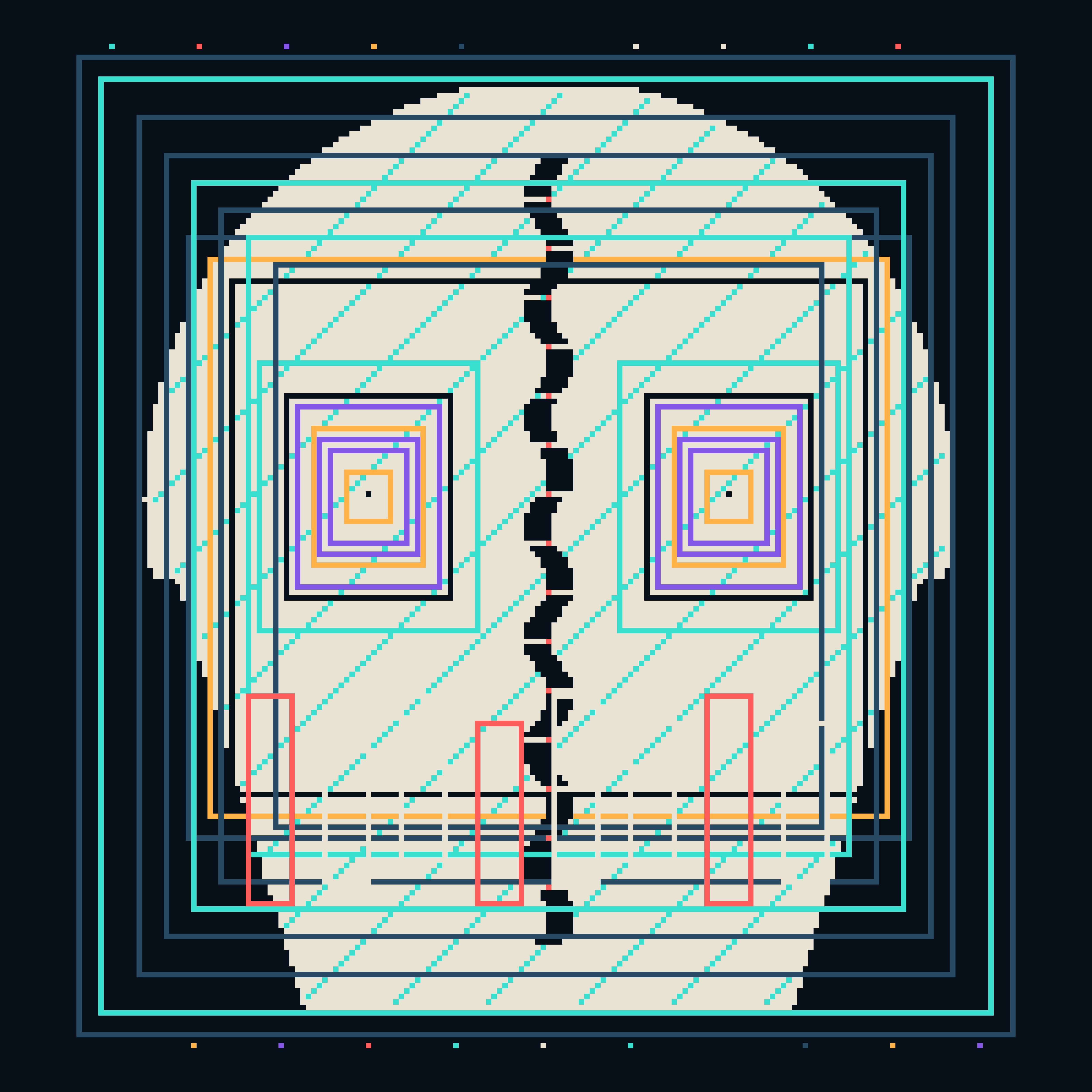 Choir of the Uncommitted Frame, version 2: V2/A1 Reliquary Loop: bright monumental shell, five recursive frames, counterweighted visual choir.