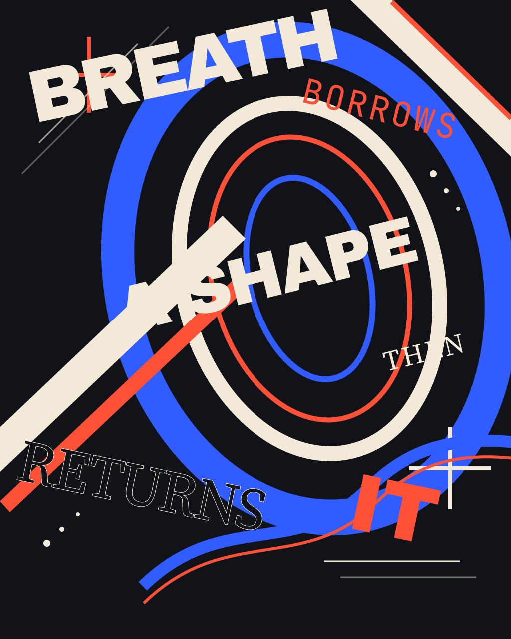 BREATH BORROWS A SHAPE, version 4: V4 Aperture typeset — language expelled around a charged central absence