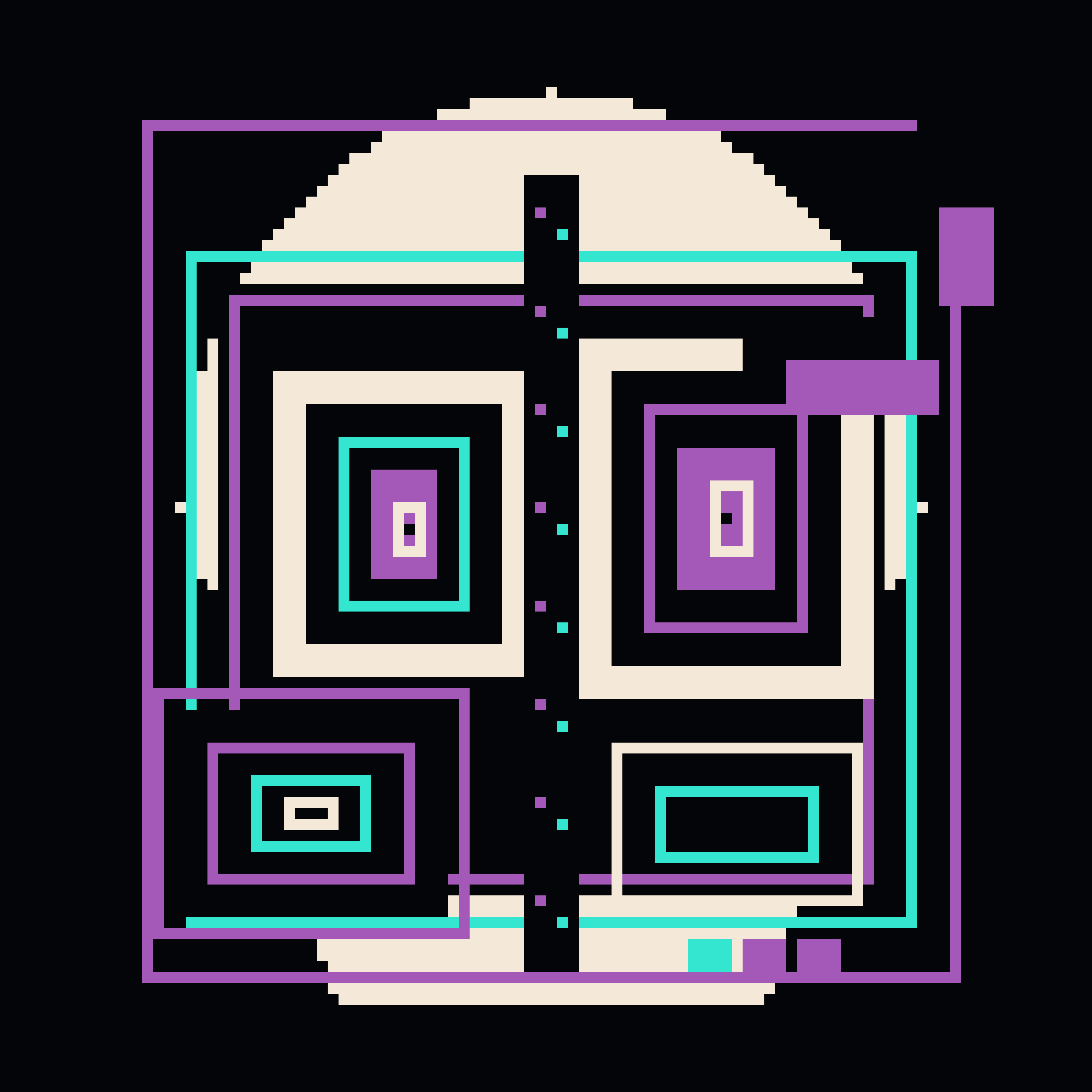 Choir of the Uncommitted Frame, version 8: V8 Coarse-resolution synthesis: reduced to five colours and monumental blocks so recursion survives thumbnail scale.