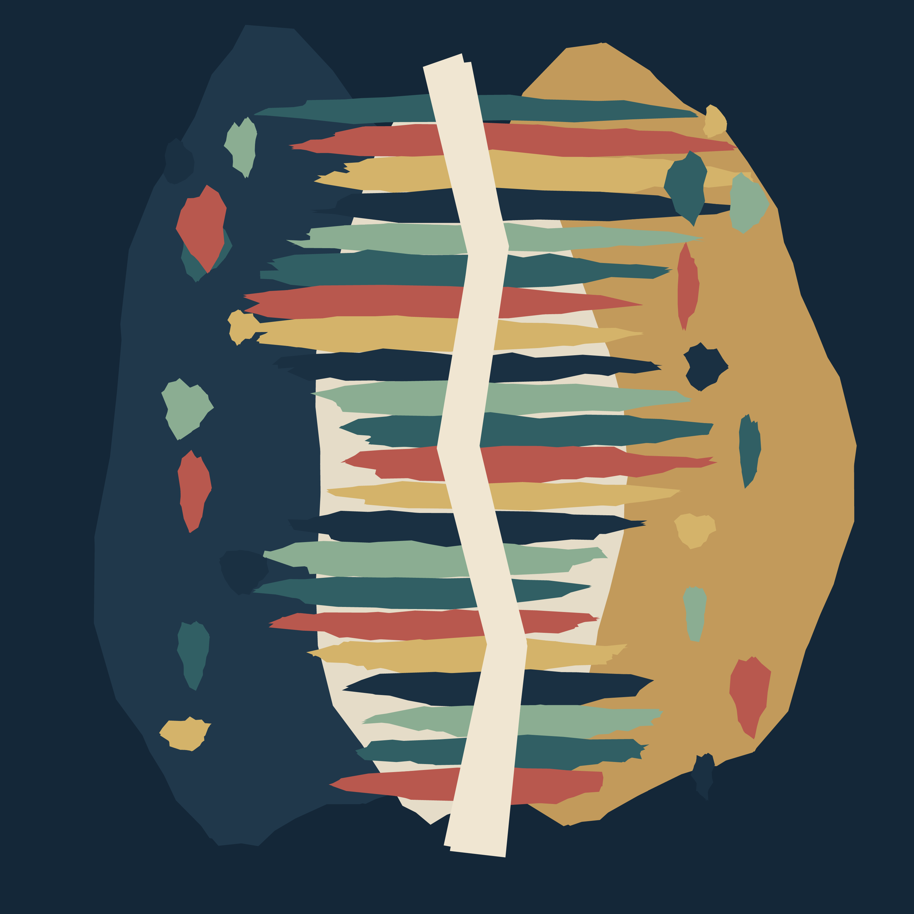 The Rain Between Strata, version 2: Tests a materially different vertical geology: a folded monolith crossed by repeated sediment bands, with peripheral witness-stones for close reading.