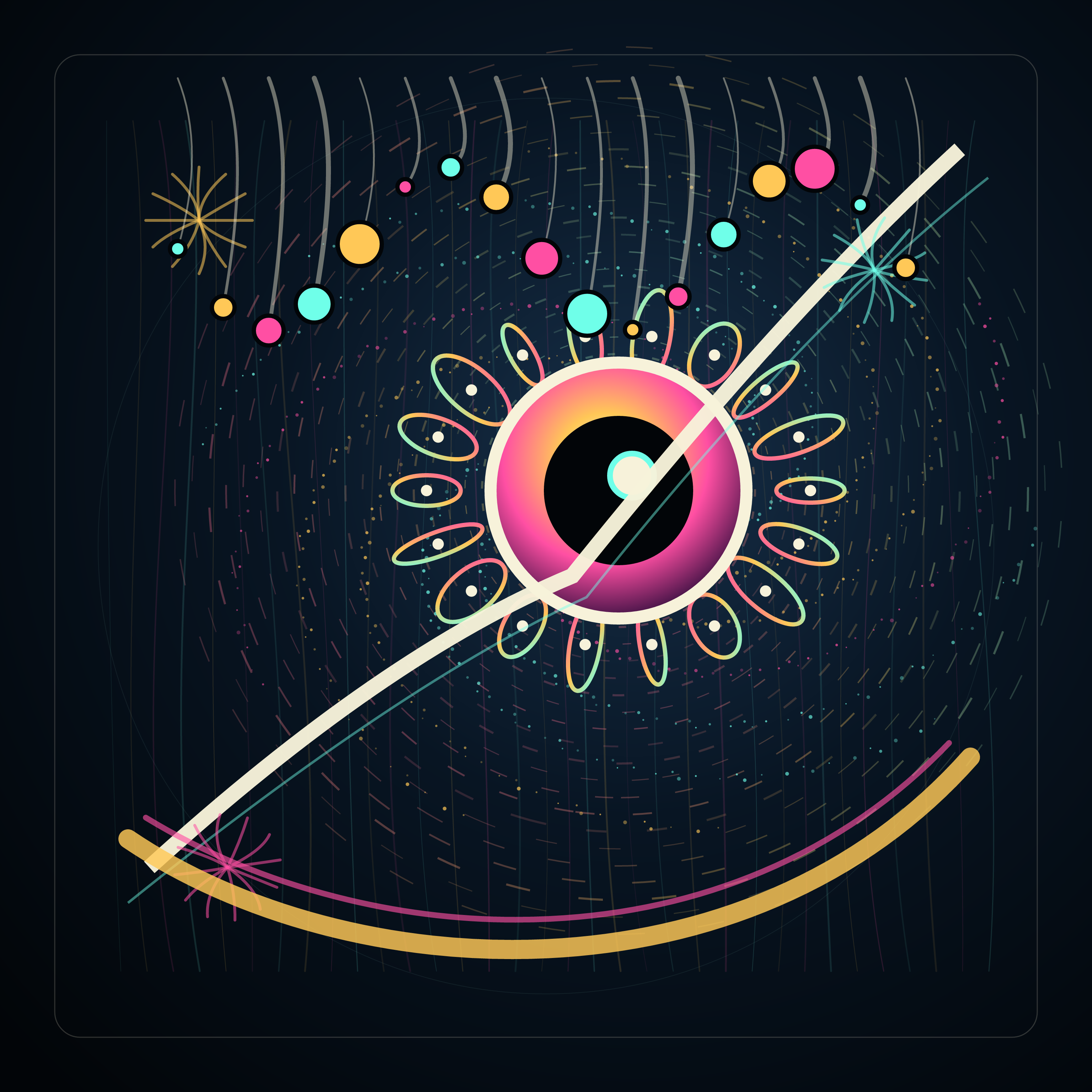 THE CLOCK THAT REMEMBERS RAIN, version 5: Synthesis - grafted pendulum timing onto the repaired orbital orchard, with three-scale rhythm and a protected central void.