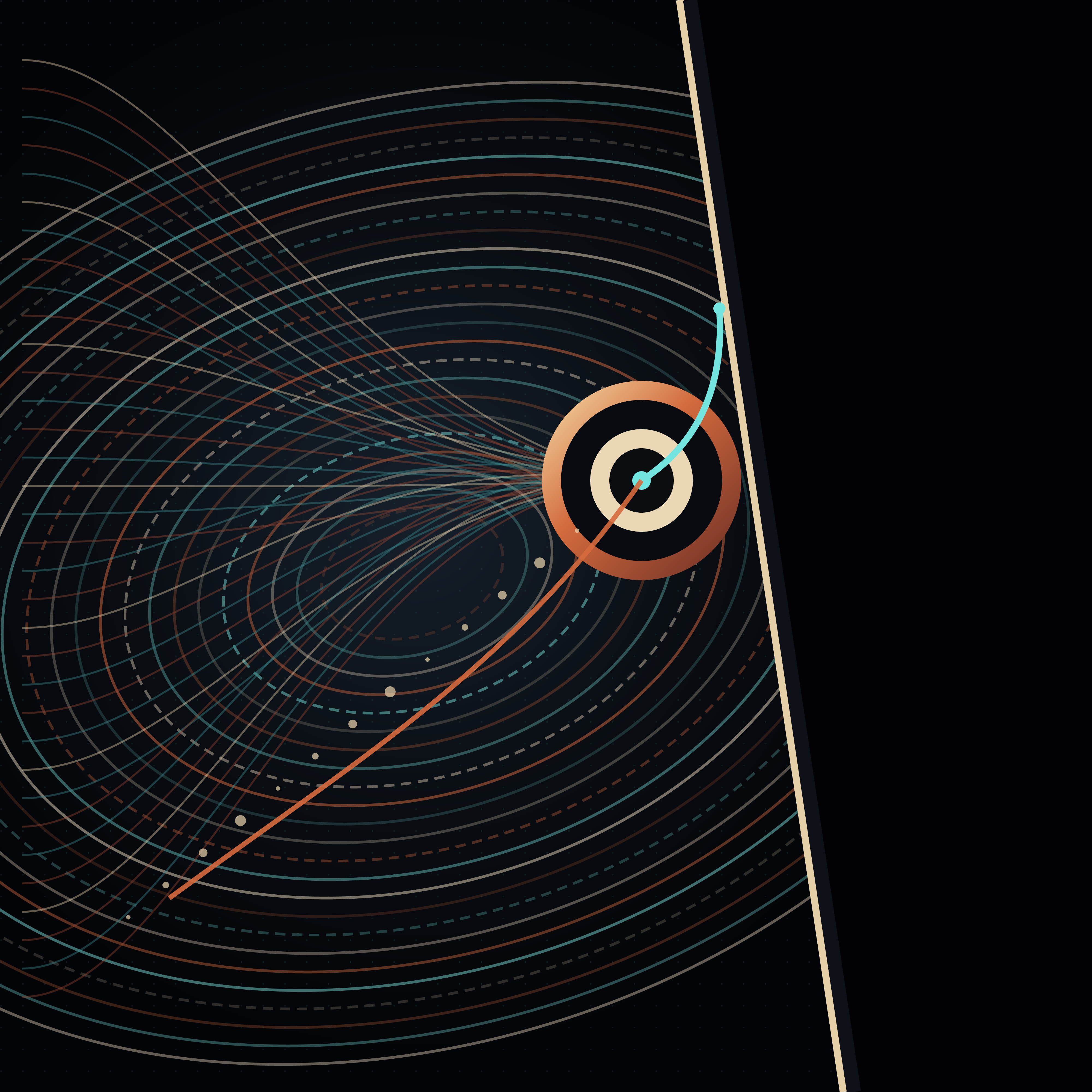 The Last Unchosen Path, version 1: Branch A: orbital trajectories converge on a diagonal terminal seam