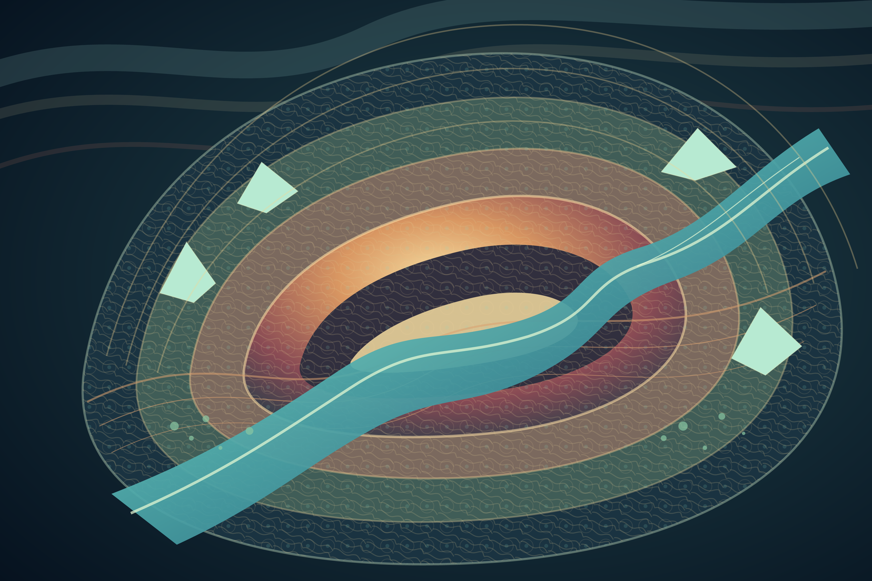 Where Weather Becomes Evidence, version 2: Branch B - enclosed weather-basin tests an aerial pressure-field composition with mineral rings, braided water, ice shards, and vegetation-like colonies